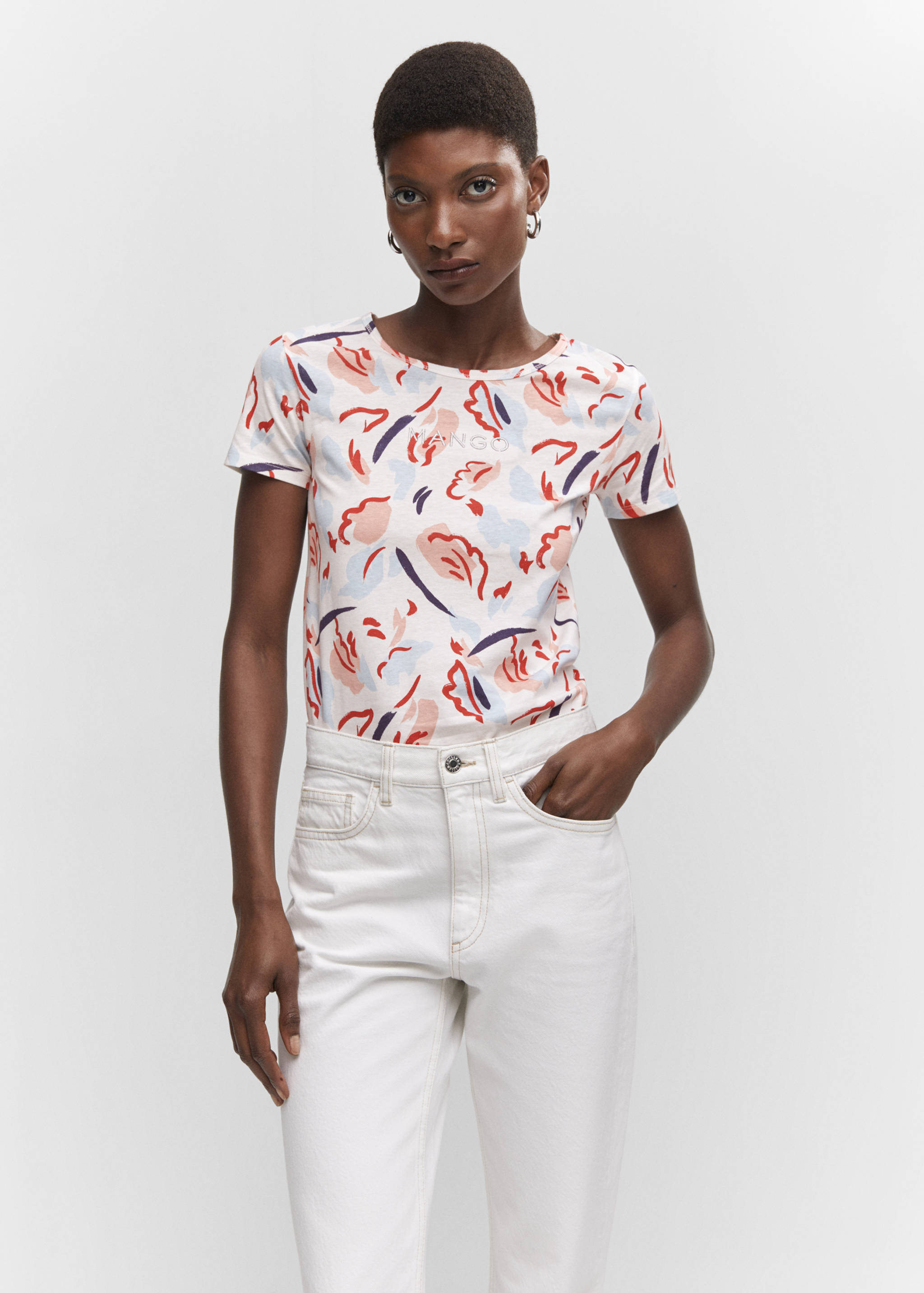 Gemustertes T-Shirt mit gesticktem Logo - Mittlere Ansicht