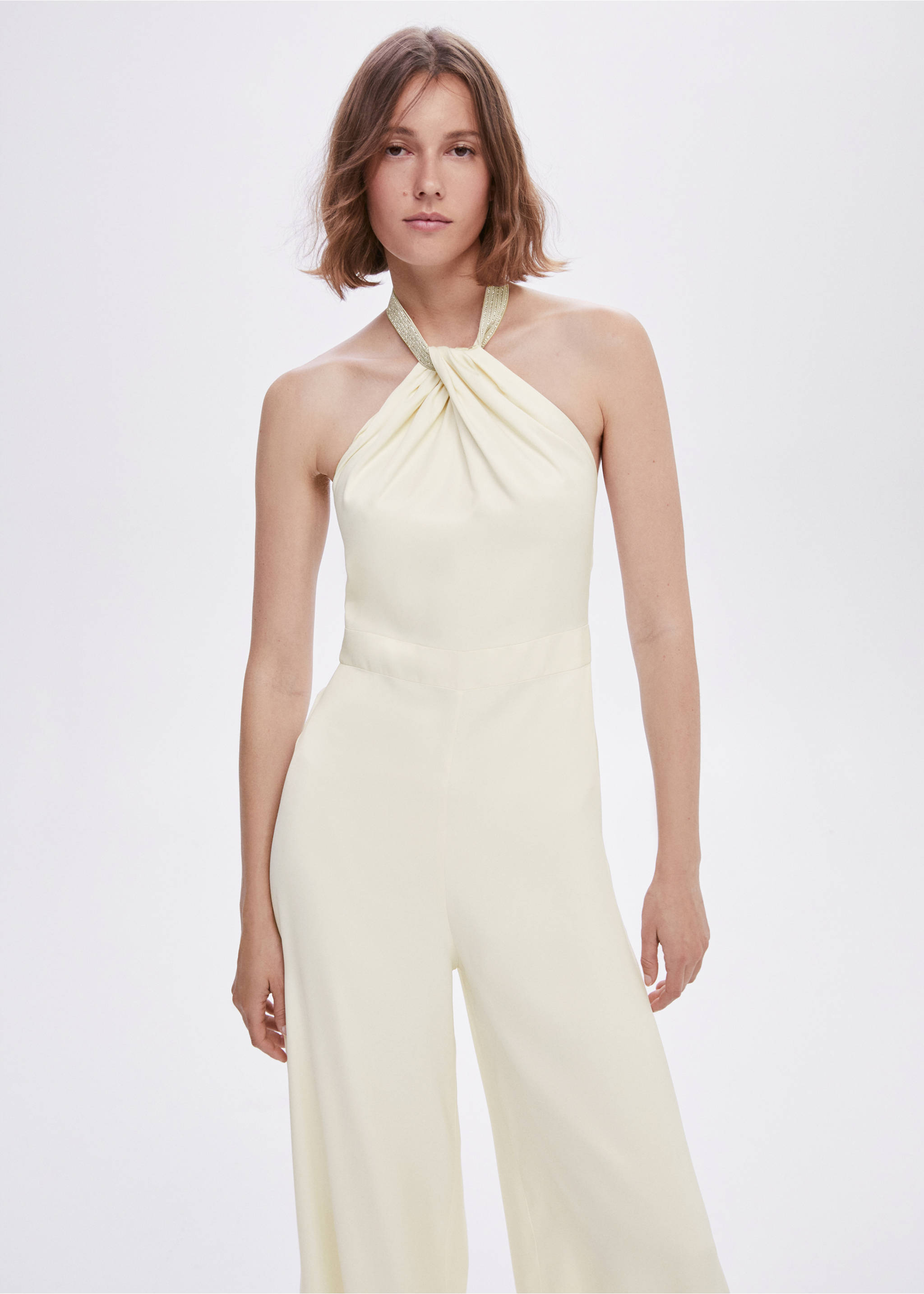 Halter-neck jumpsuit with metallic detail - Medium plane, Ecru. Ref: 57001089-00.