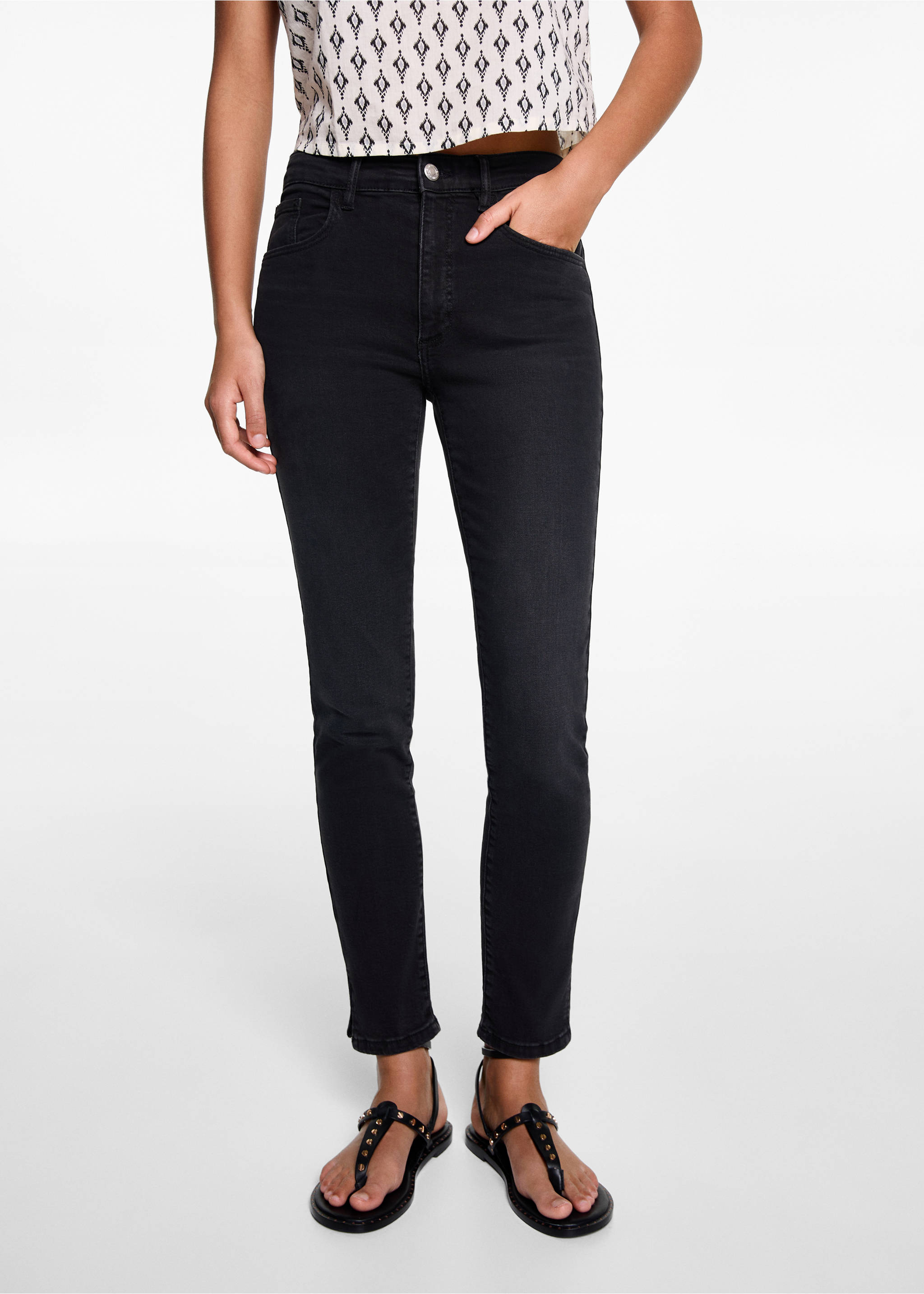 Skinny jeans with slit - Details of the article 6, Black denim. Ref: 57003264-00.