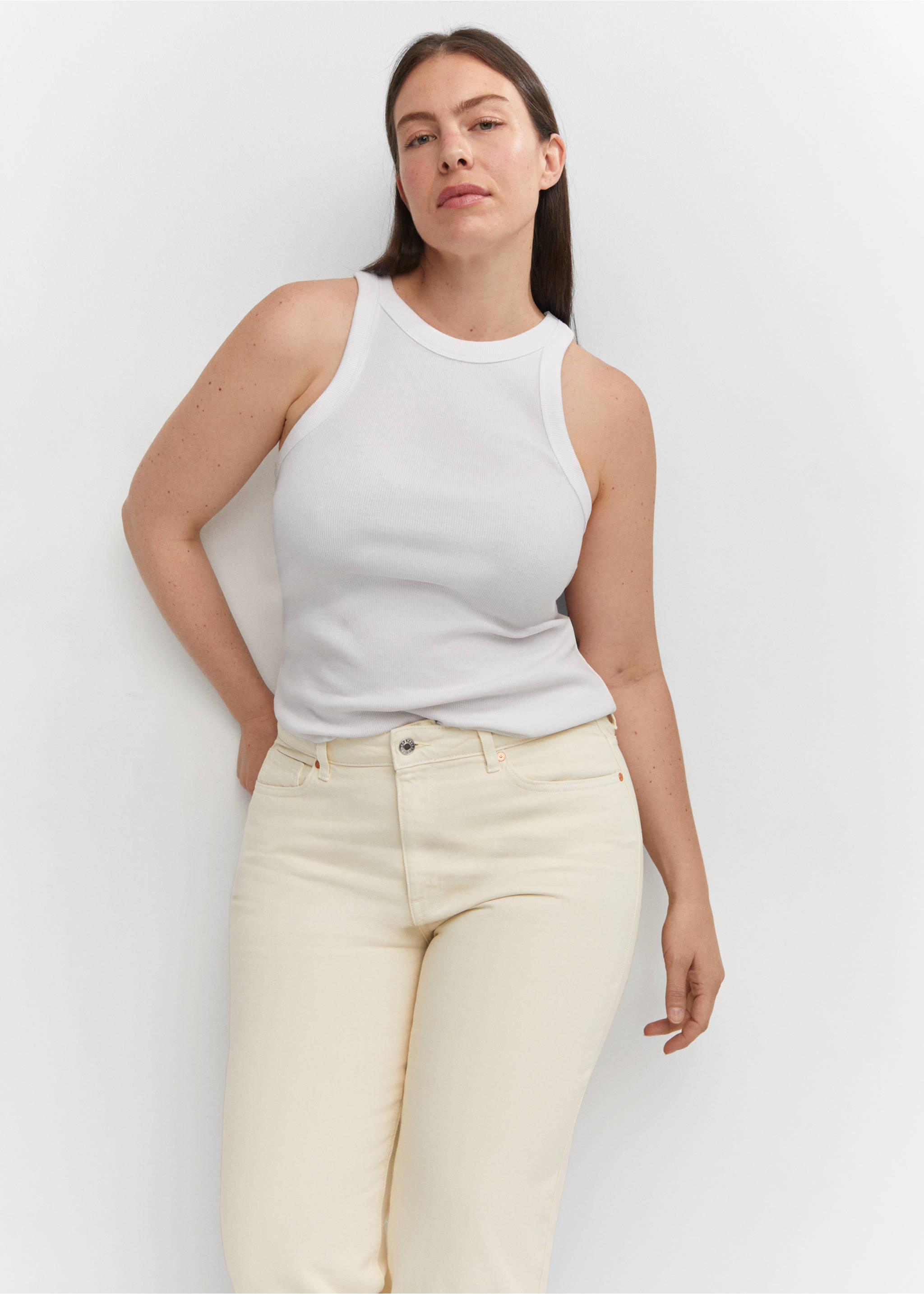 Straight-fit cropped jeans - Details of the article 5, Ecru. Ref: 57003805-00.