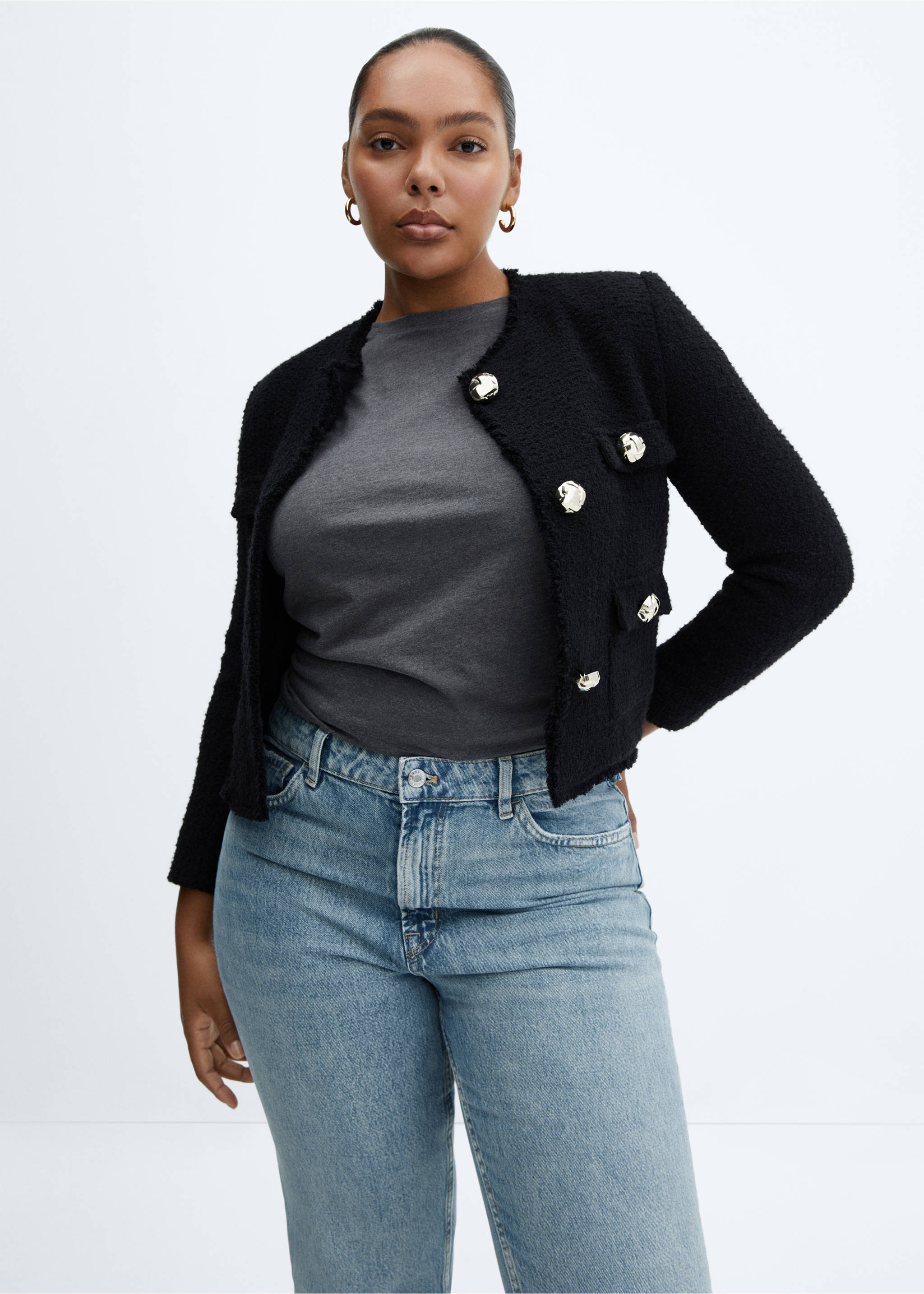 Straight-fit cropped jeans - Details of the article 5, Medium Blue. Ref: 57003807-00.