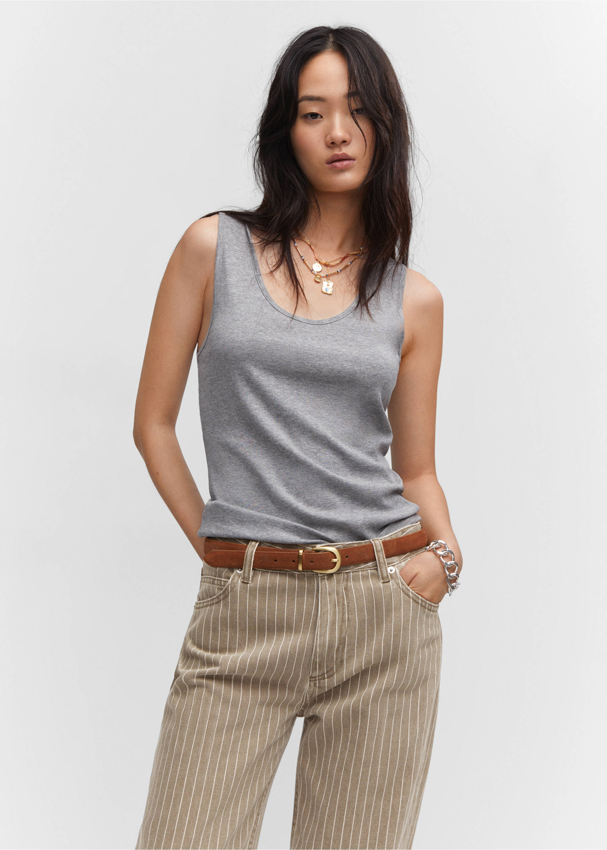 Wide leg pinstriped jeans - Details of the article 1, Medium Brown. Ref: 57003809-00.