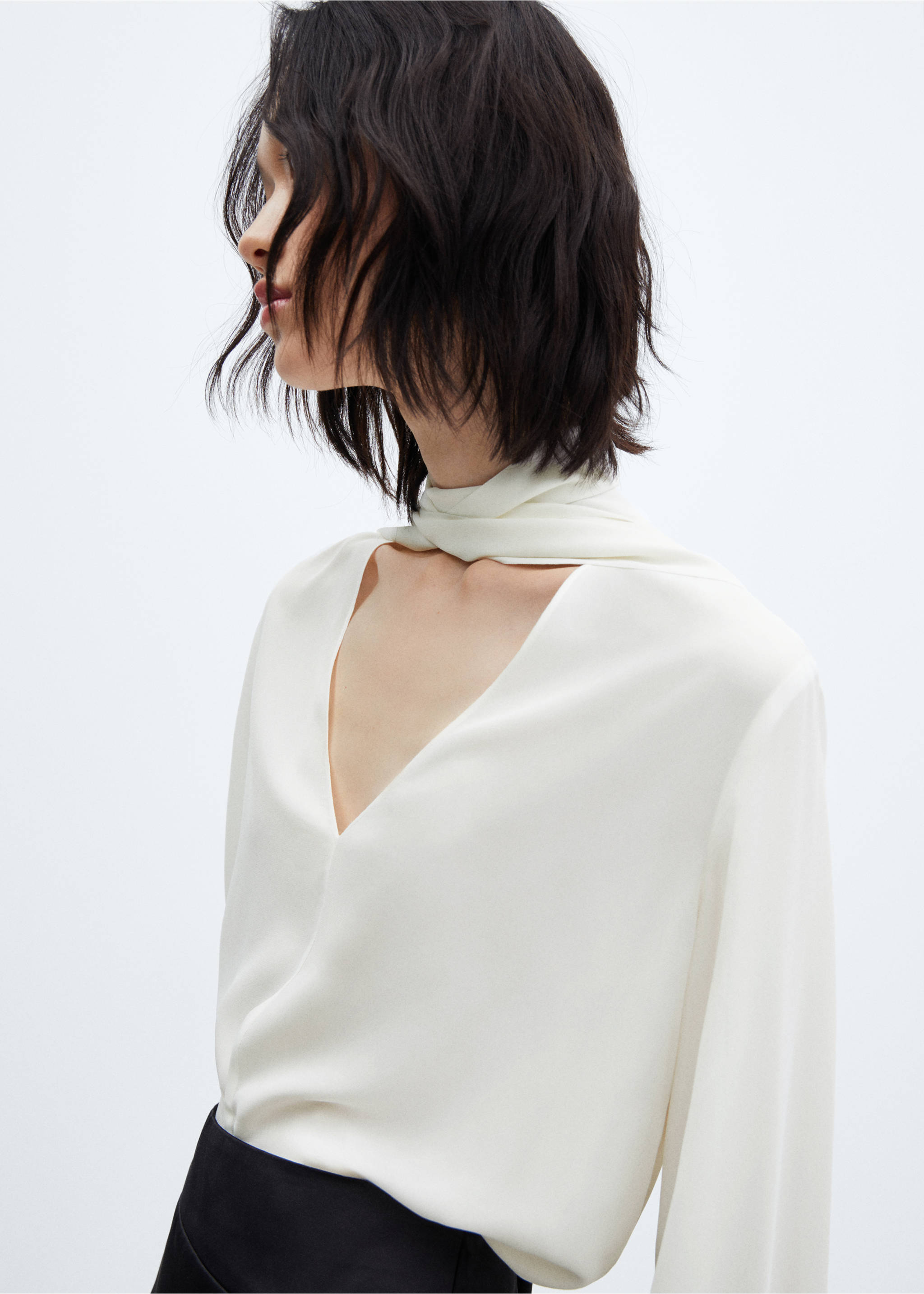 Tie-neck blouse - Details of the article 1, Off White. Ref: 57003825-00.