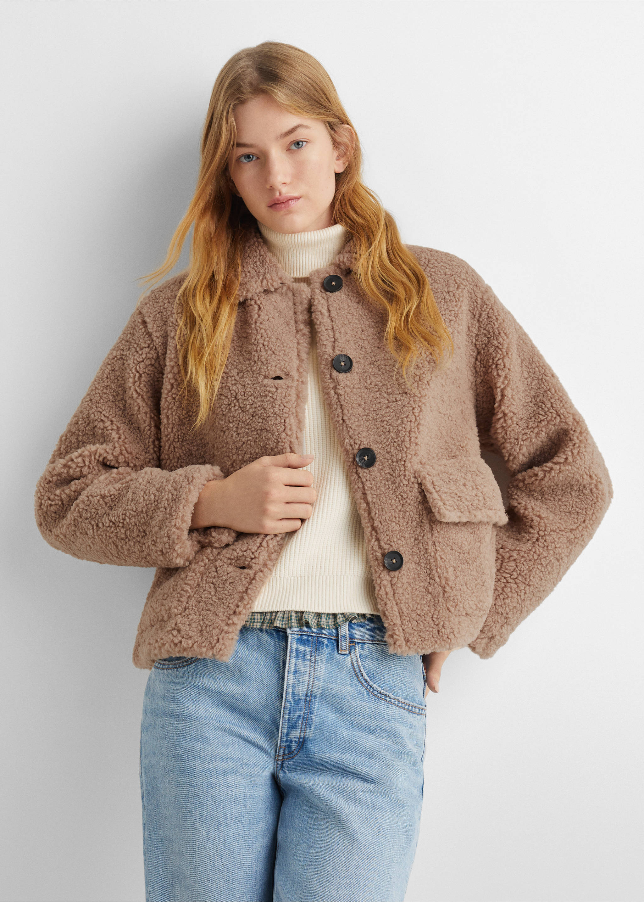 Shearling-effect coat - Medium plane, Ecru. Ref: 57004399-00.