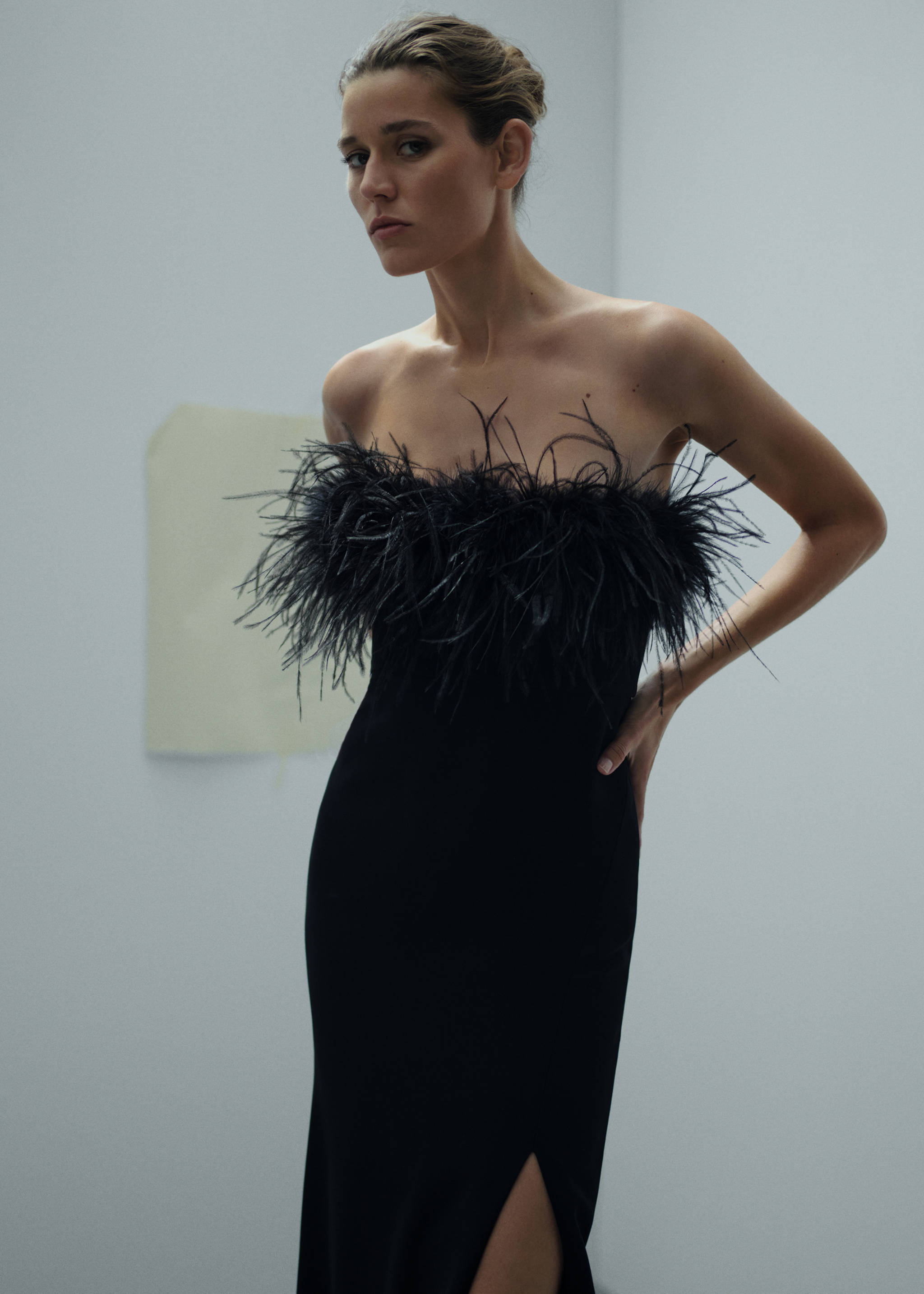 Robe bustier détail plumes - Plan moyen