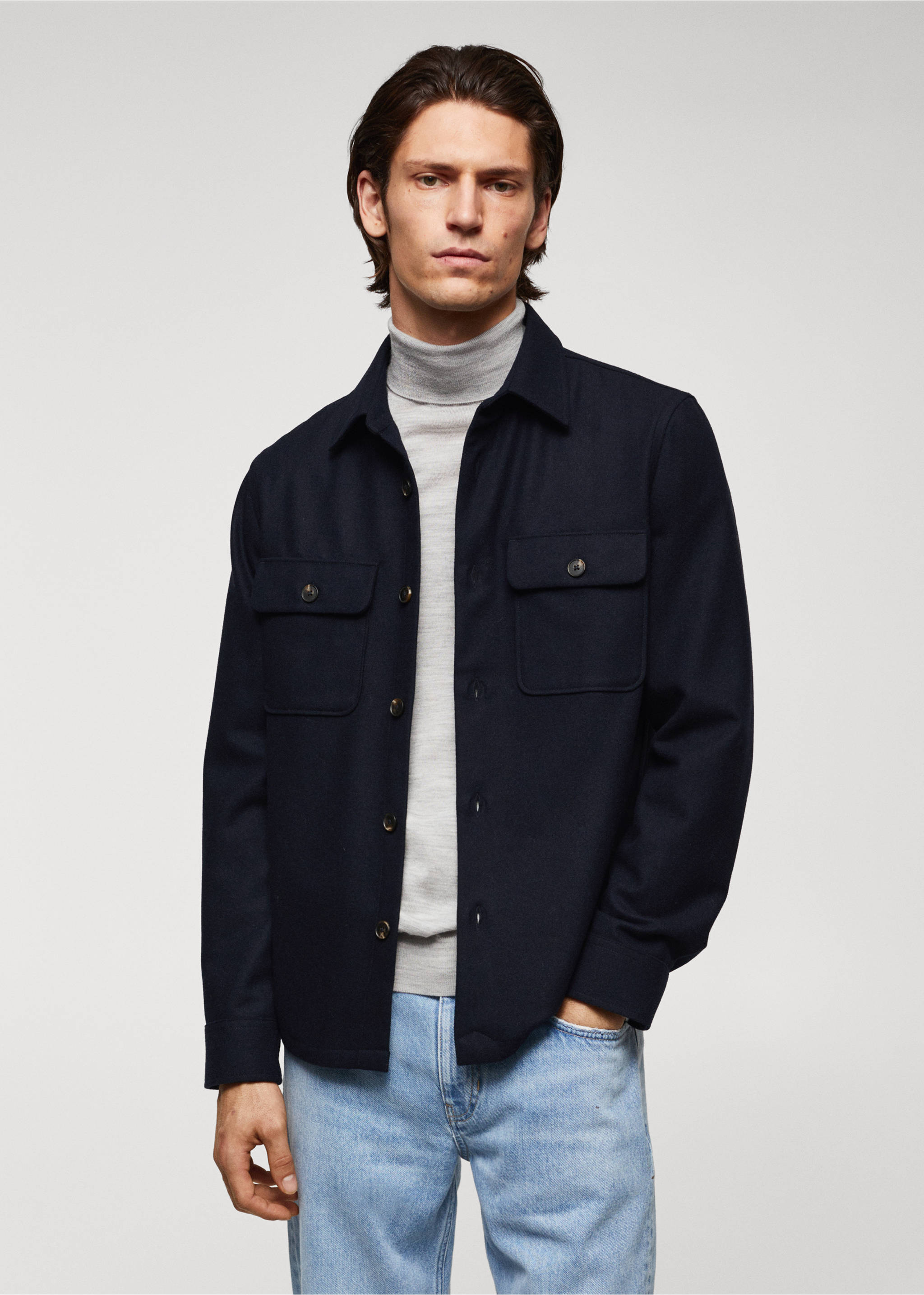 Surchemise laine poches - Plan moyen, Bleu marine. Ref: 57005960-00.