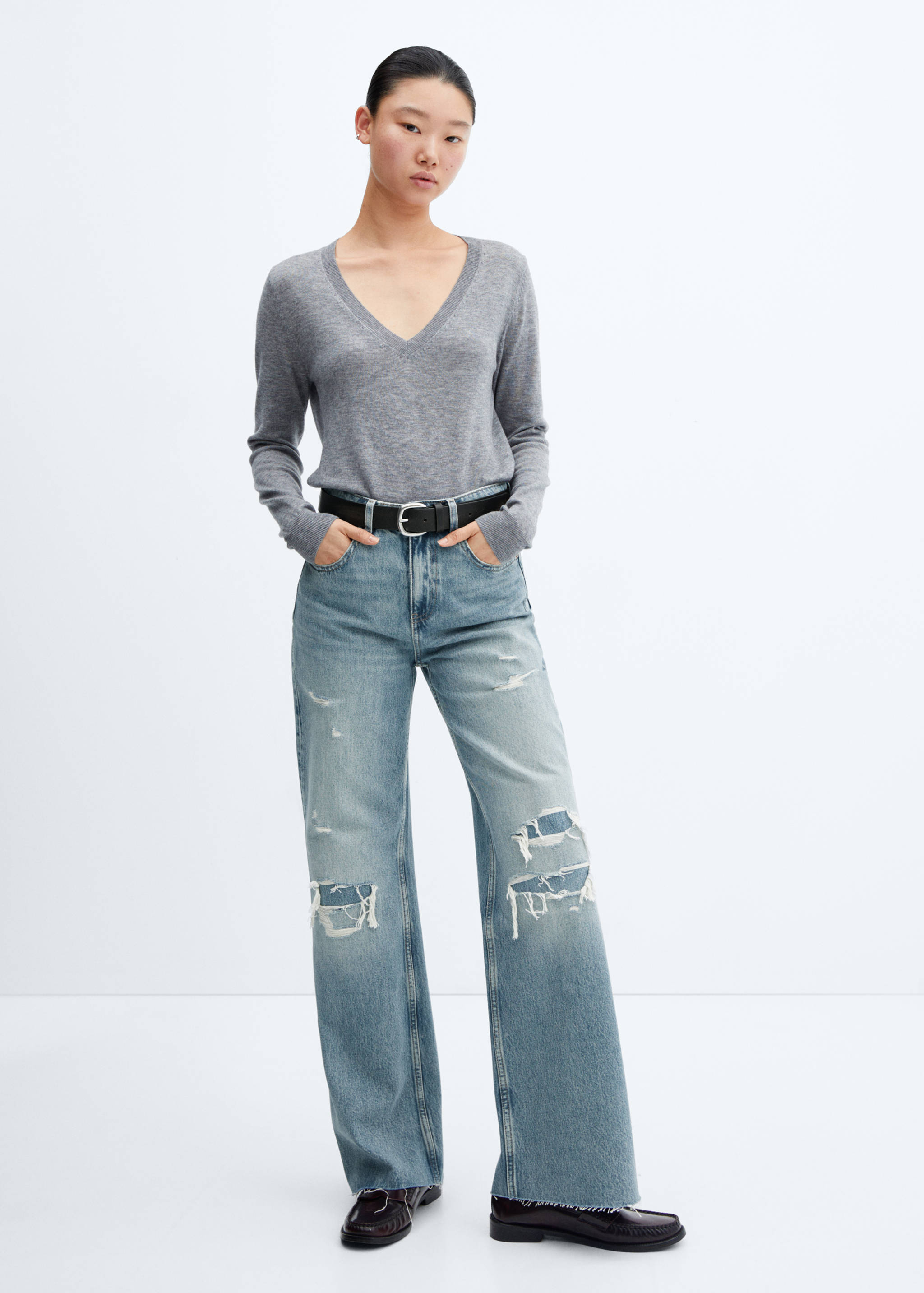 Decorative ripped wide leg jeans - General plane