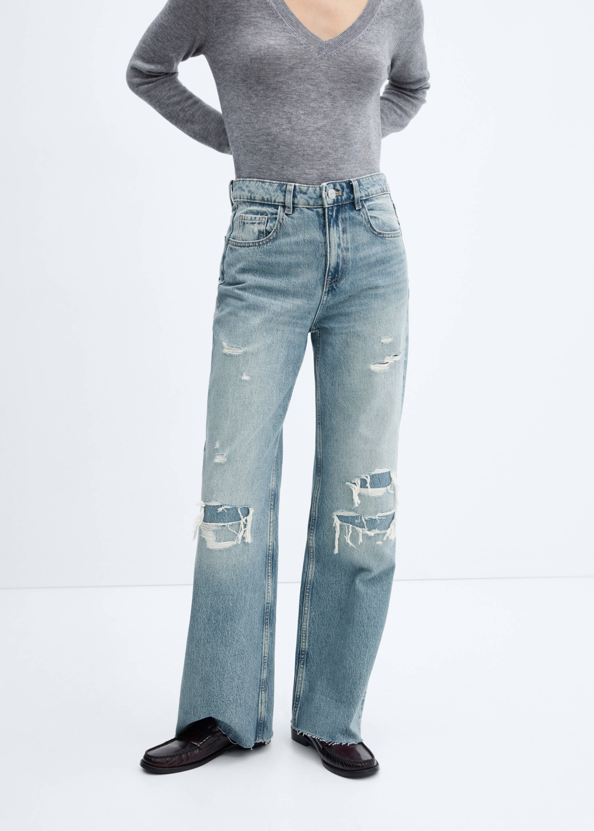Decorative ripped wide leg jeans - Medium plane