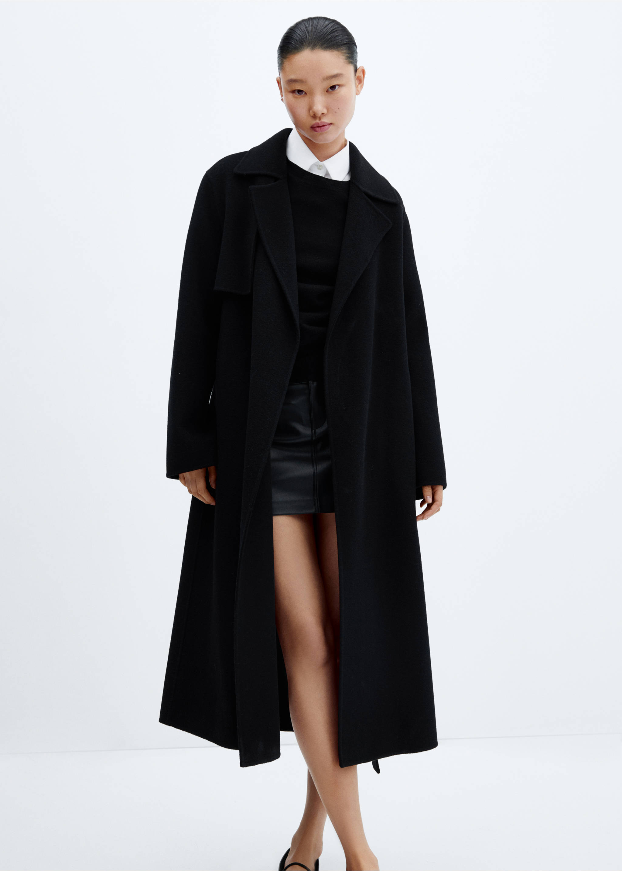 Handmade wool coat with belt - Medium plane, Black. Ref: 57006716-00.