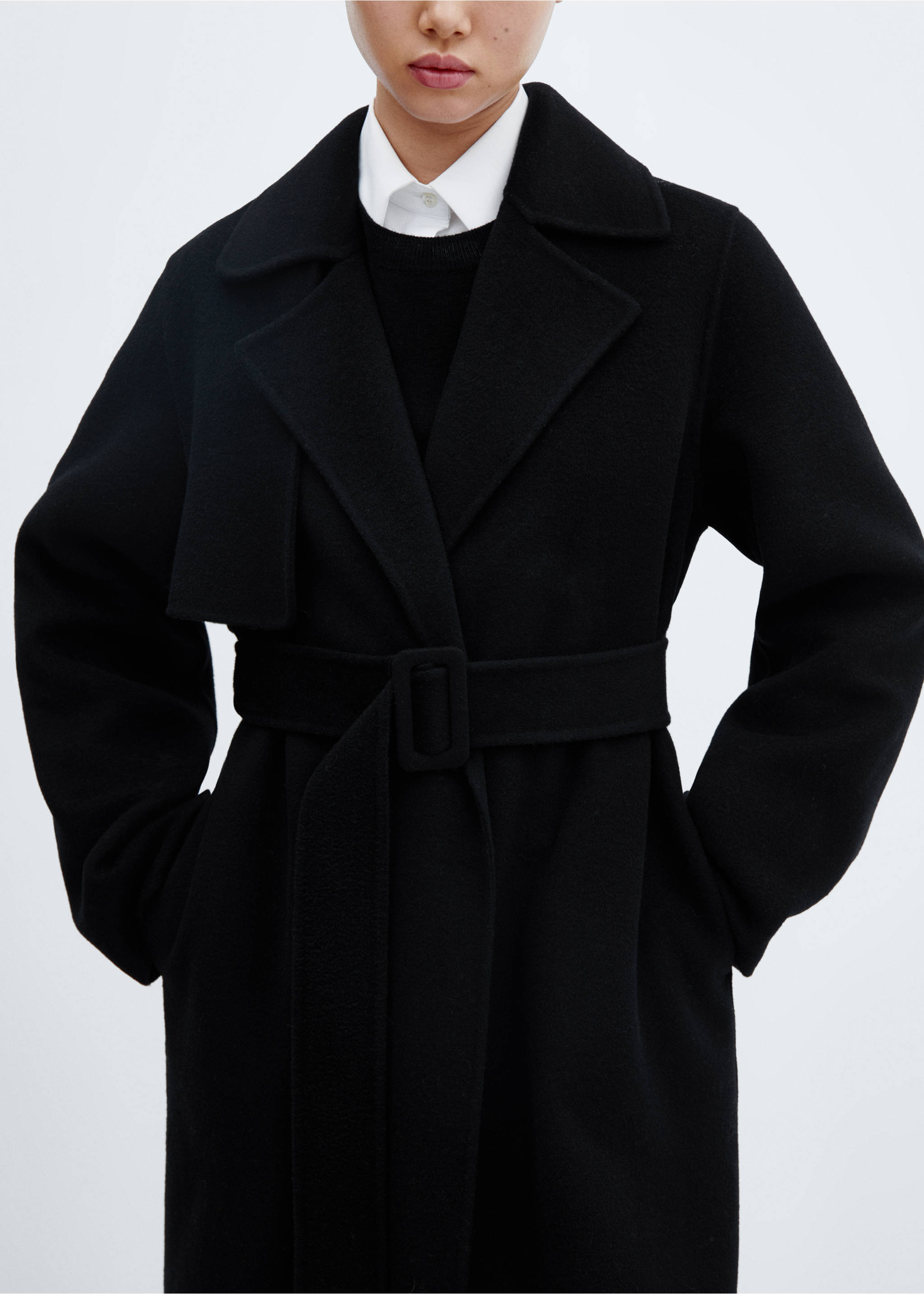Handmade wool coat with belt - Details of the article 6, Black. Ref: 57006716-00.