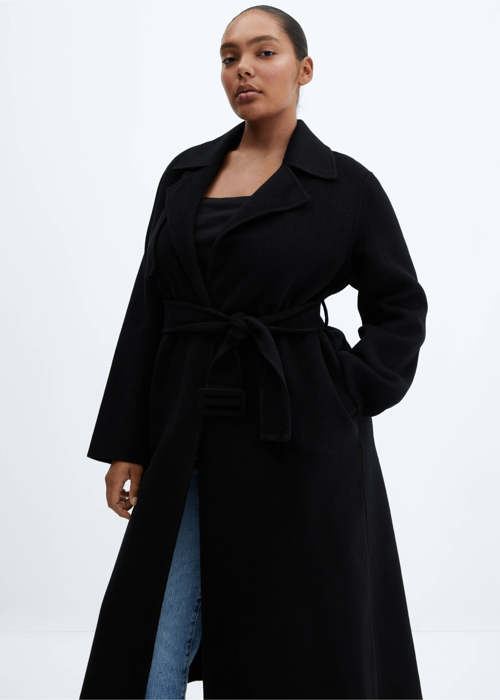 Handmade wool coat with belt - Details of the article 5, Black. Ref: 57006716-00.