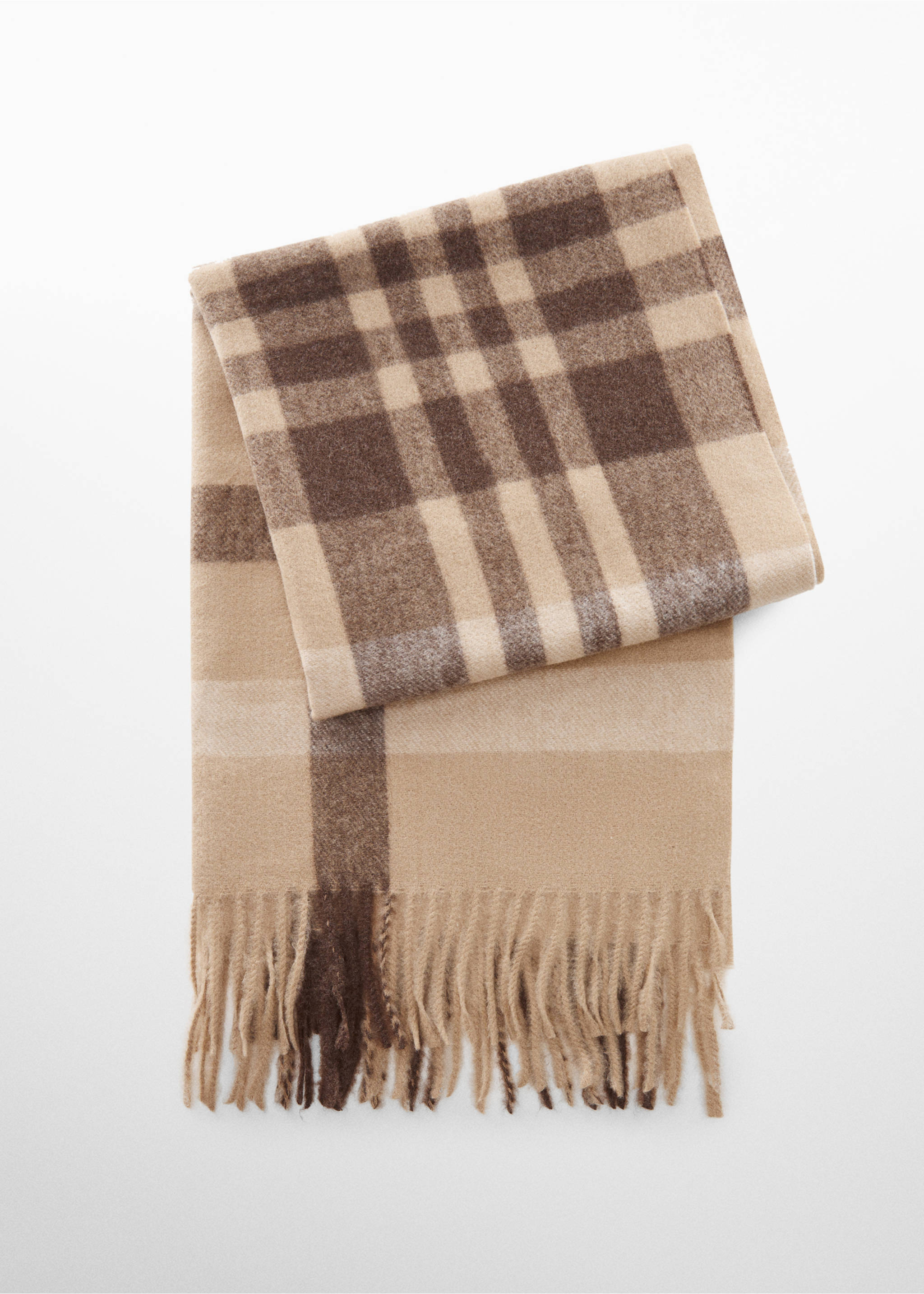 Fringed check scarf - Article without model, Medium Brown. Ref: 57007719-00.