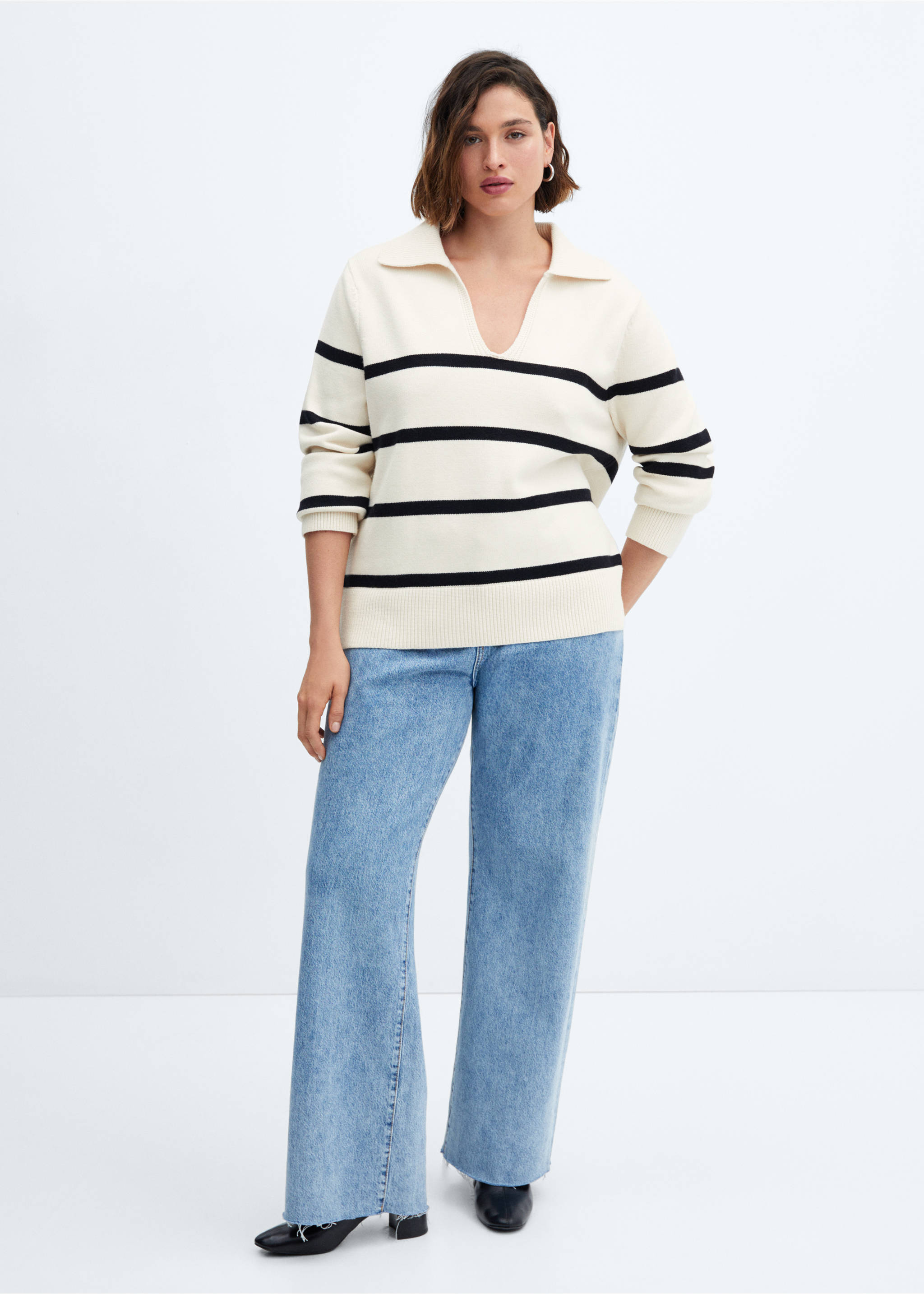 Striped polo-neck sweater - Details of the article 3, Ecru. Ref: 57007754-00.