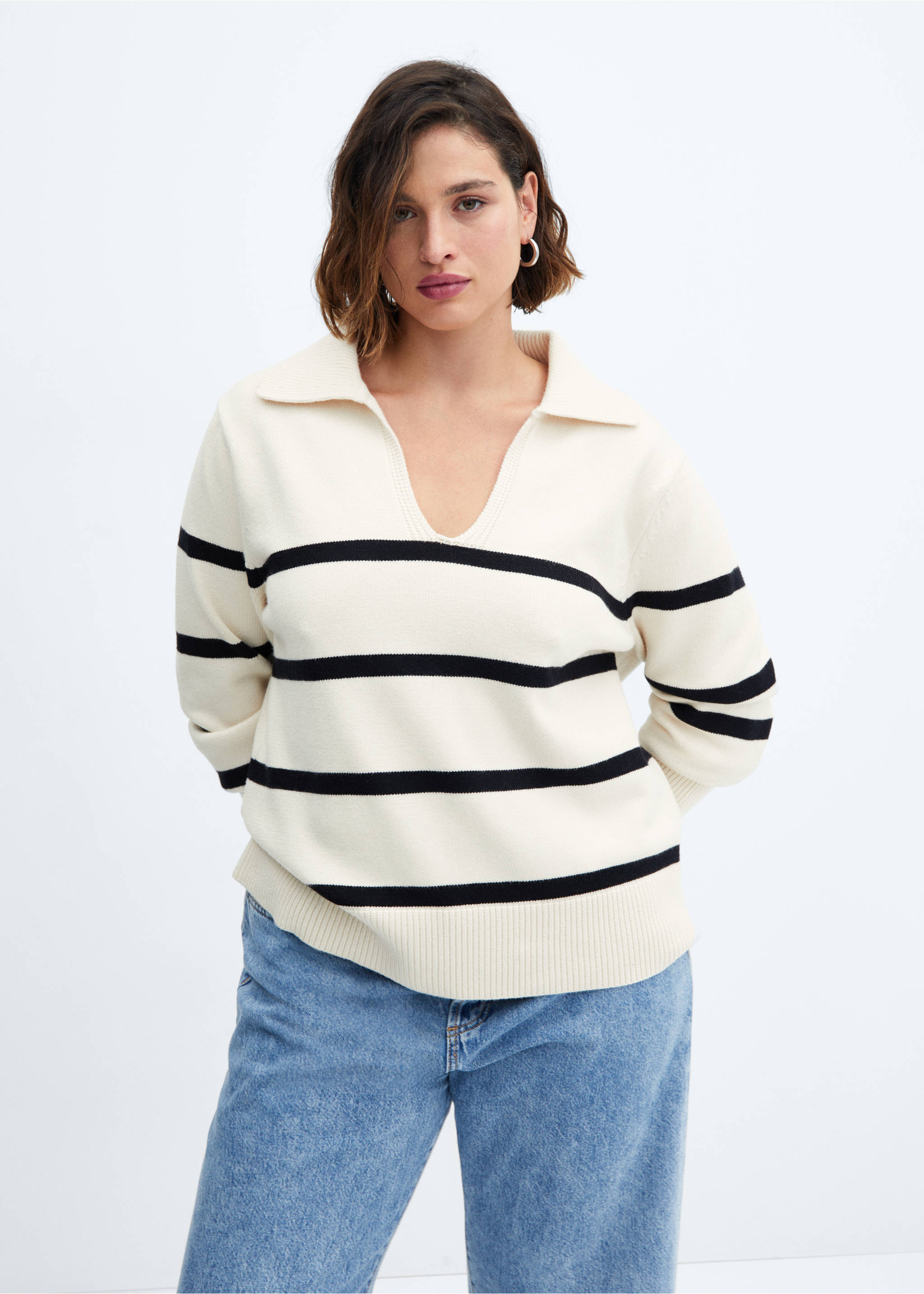Striped polo-neck sweater - Details of the article 5, Ecru. Ref: 57007754-00.