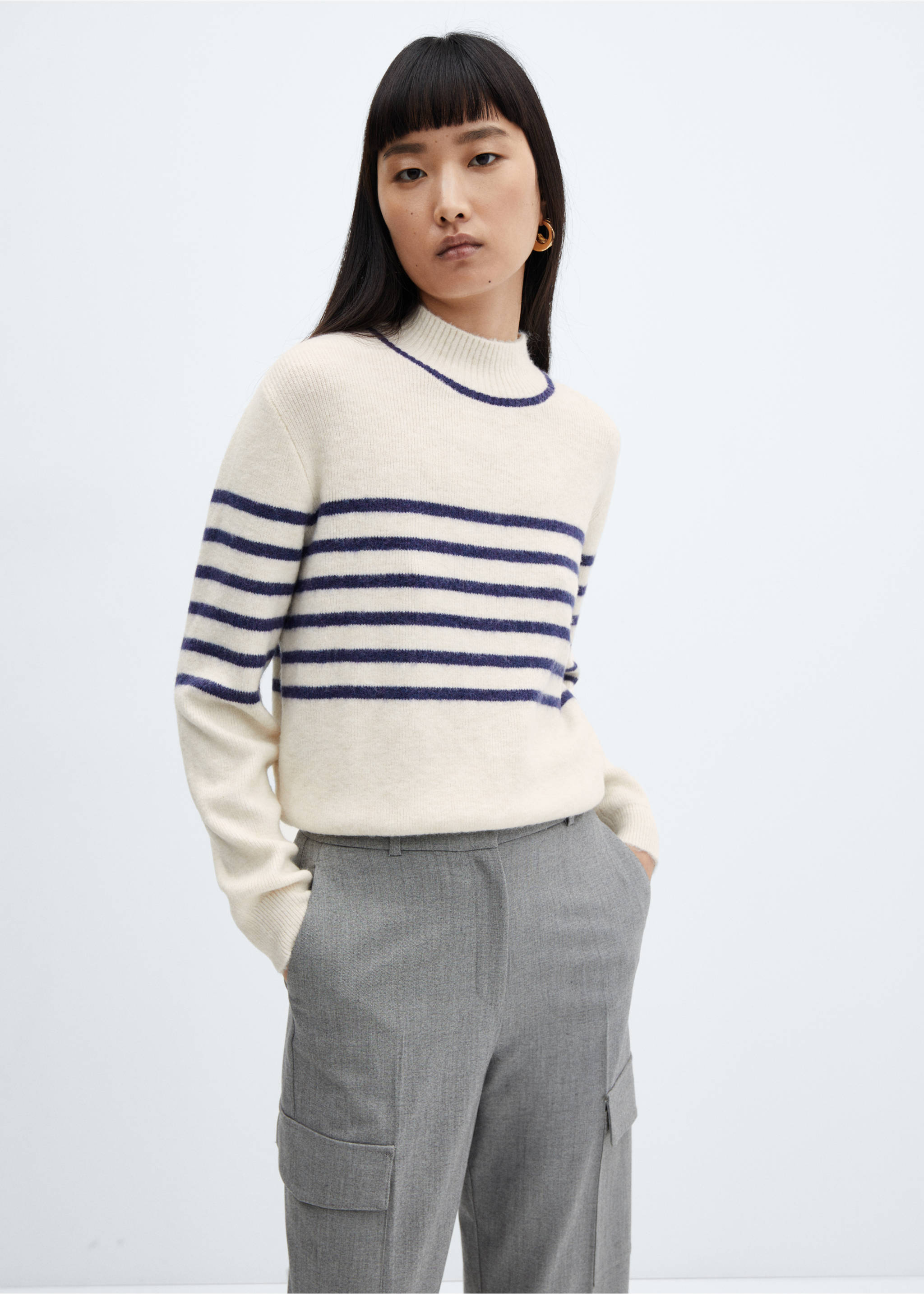 Stripe-print sweater with perkins neck - Medium plane, Dark Navy. Ref: 57007755-00.