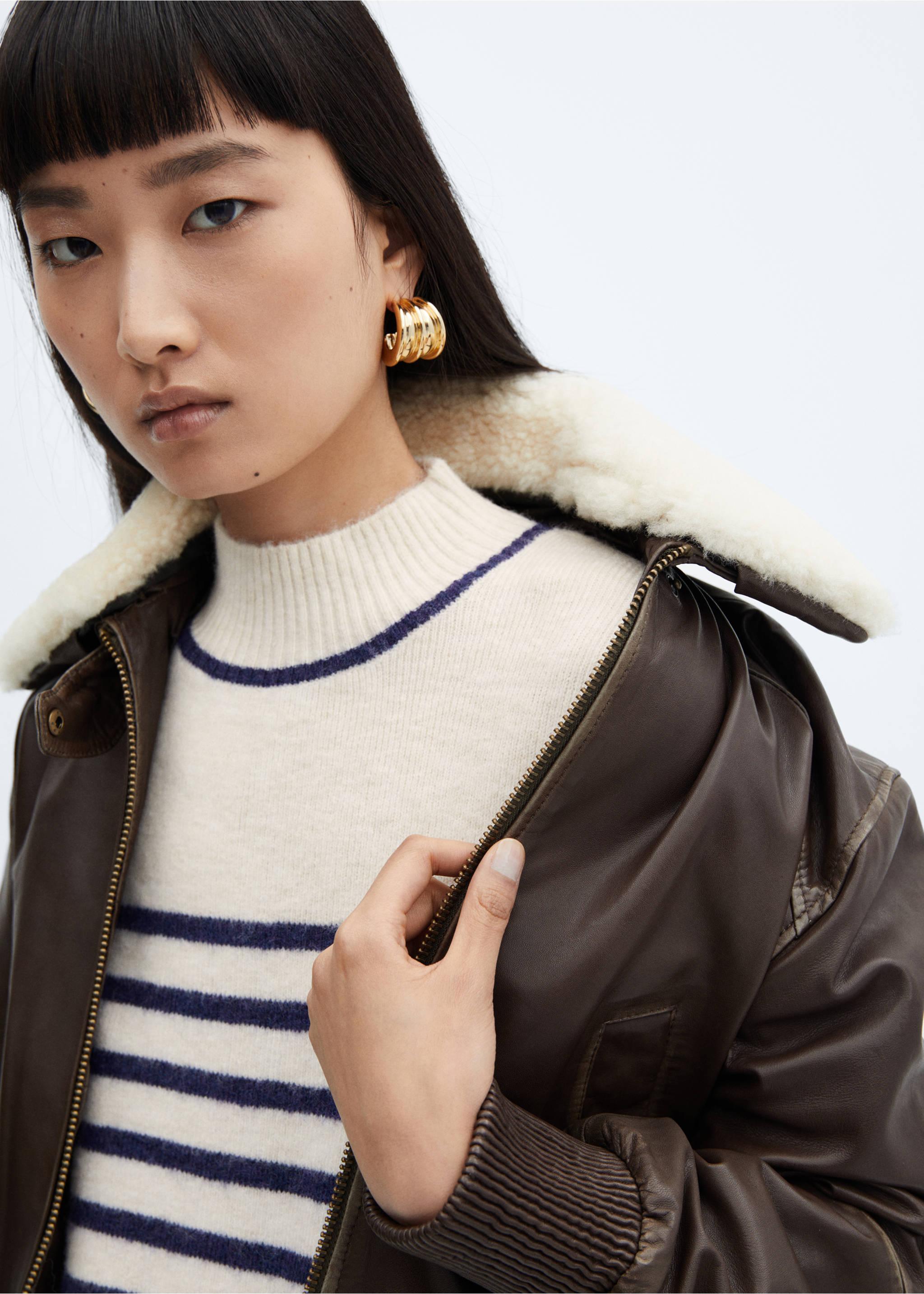 Stripe-print sweater with perkins neck - Details of the article 1, Dark Navy. Ref: 57007755-00.