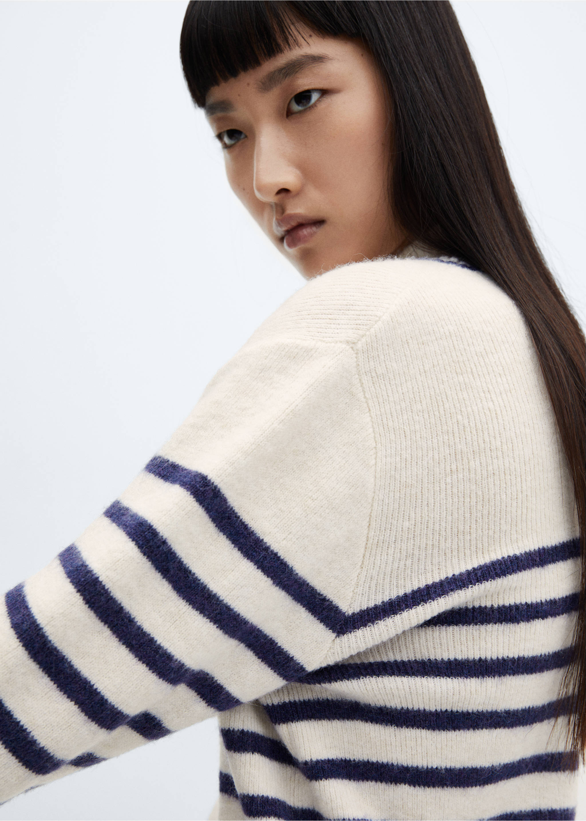 Stripe-print sweater with perkins neck - Details of the article 2, Dark Navy. Ref: 57007755-00.