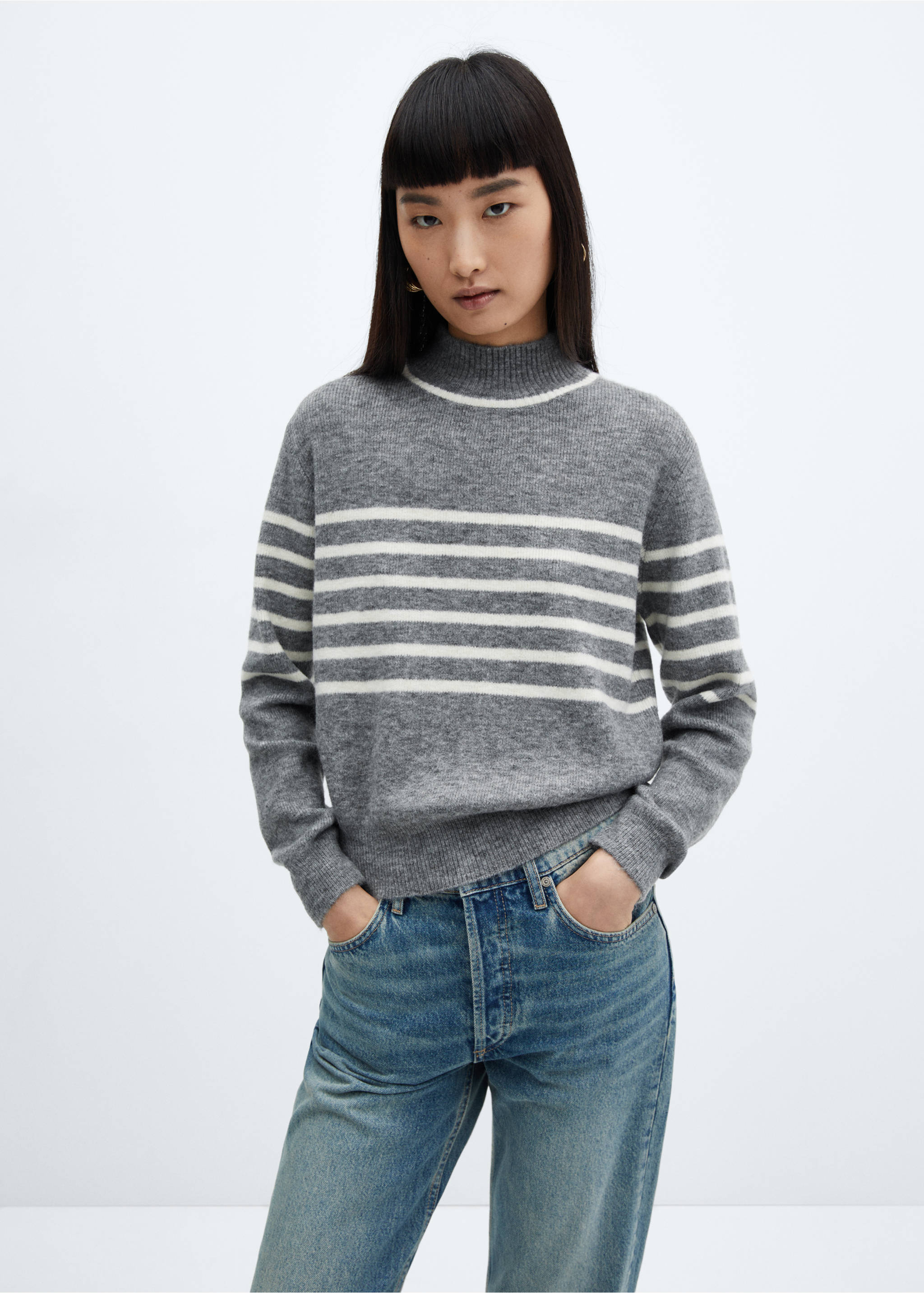 Stripe-print sweater with perkins neck - Medium plane, Light Heather Grey. Ref: 57007755-00.