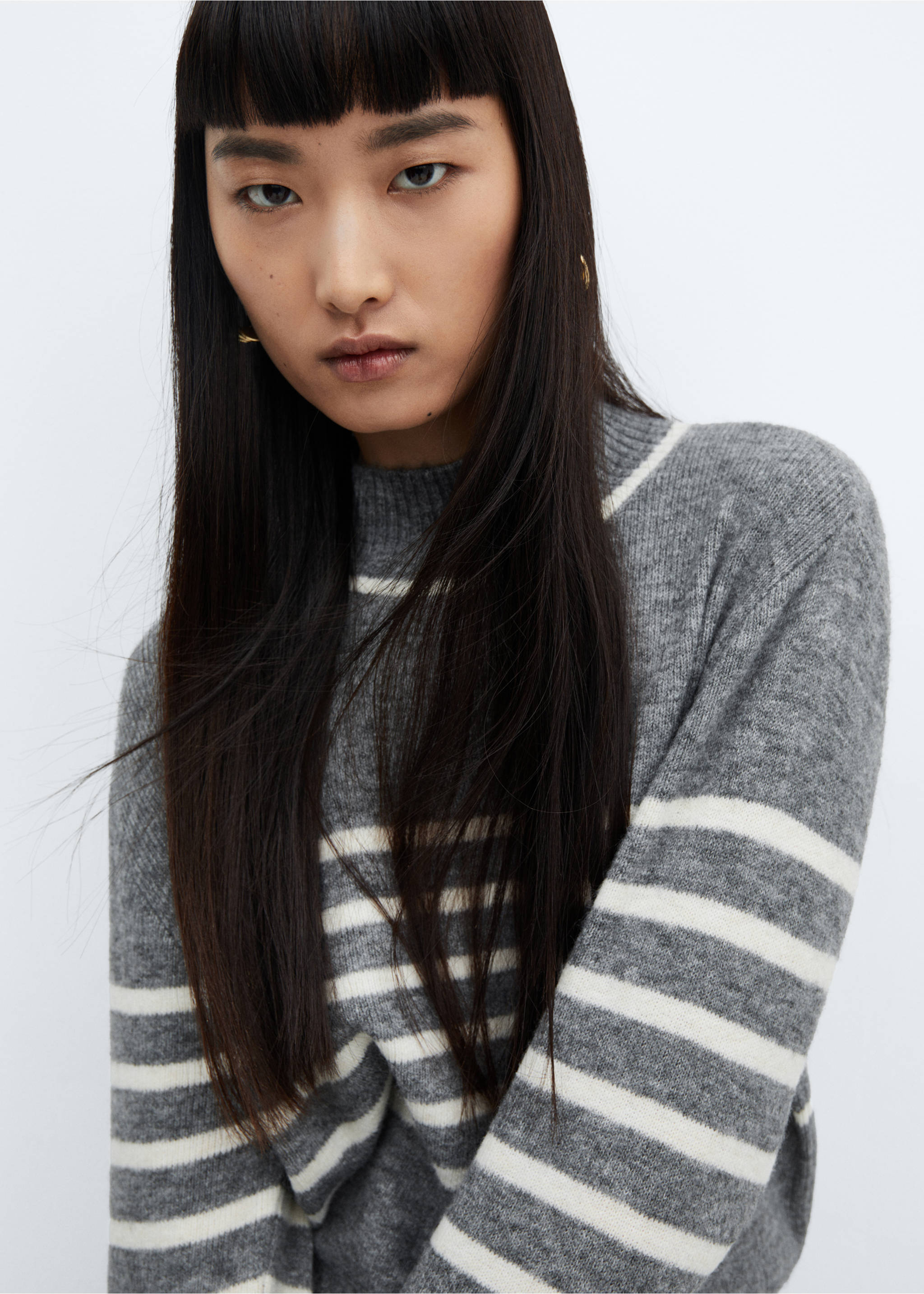 Stripe-print sweater with perkins neck - Details of the article 1, Light Heather Grey. Ref: 57007755-00.