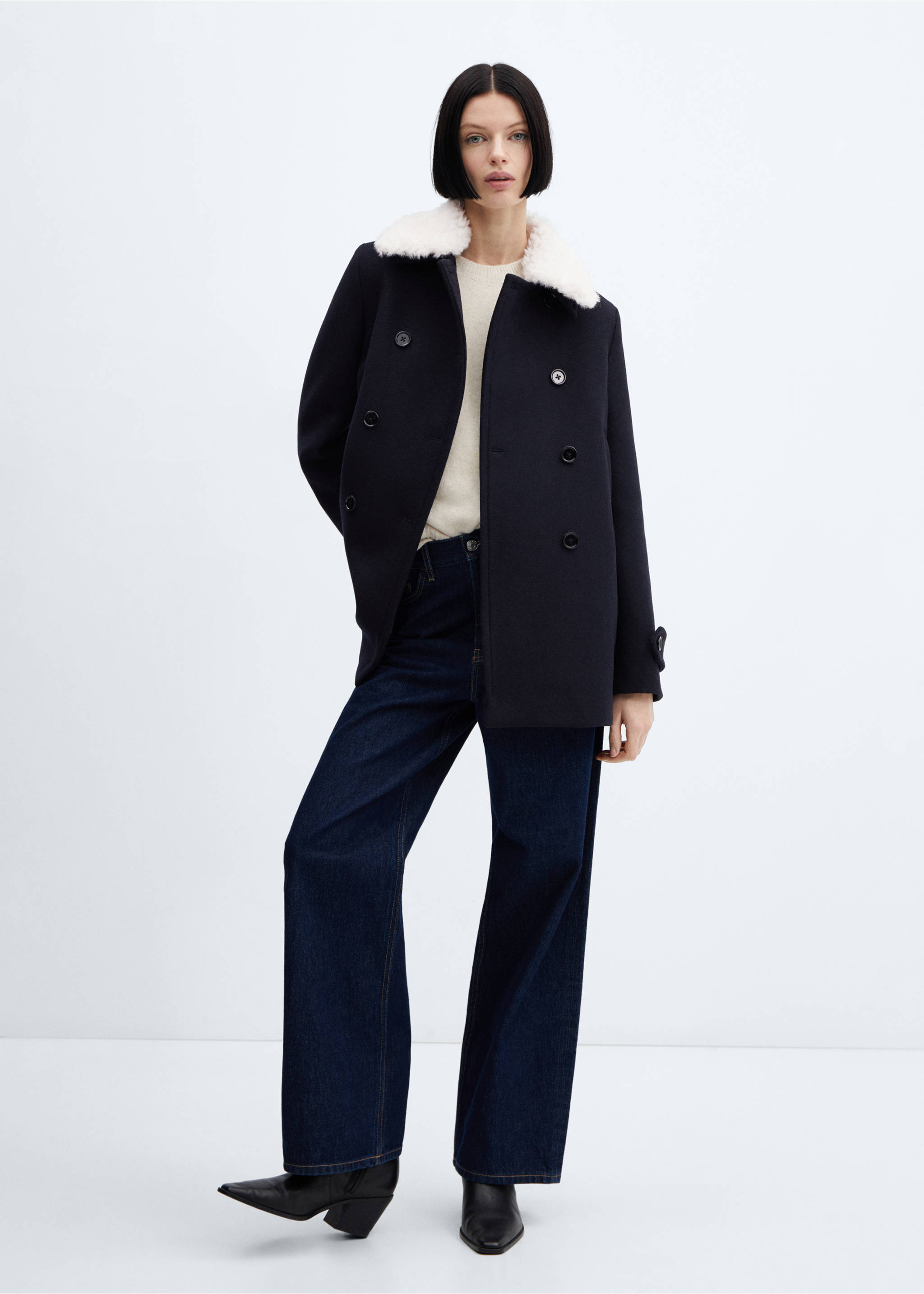 Double-breasted coat with fur-effect collar - General plane, Dark Navy. Ref: 57008270-00.