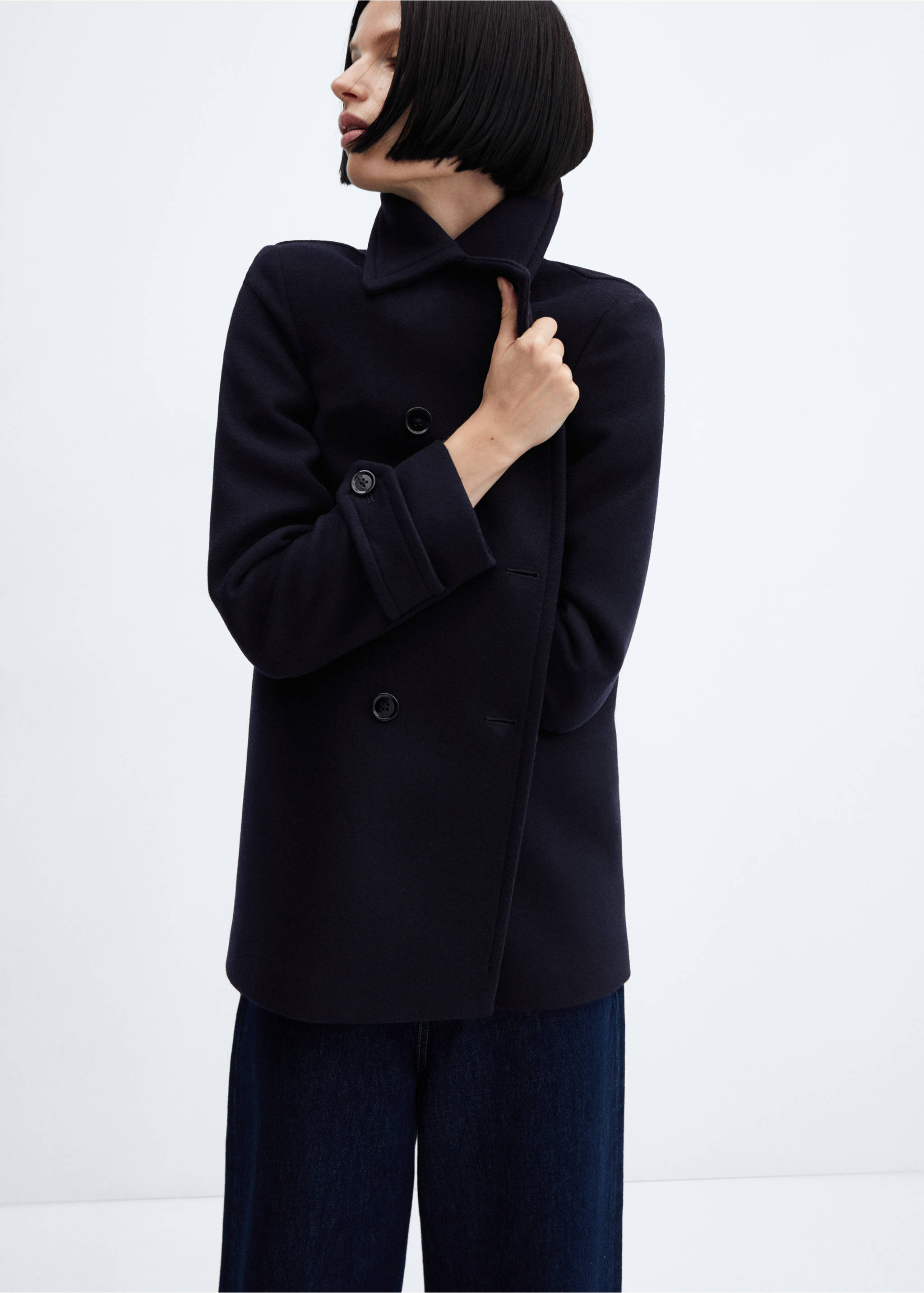 Double-breasted coat with fur-effect collar - Medium plane, Dark Navy. Ref: 57008270-00.