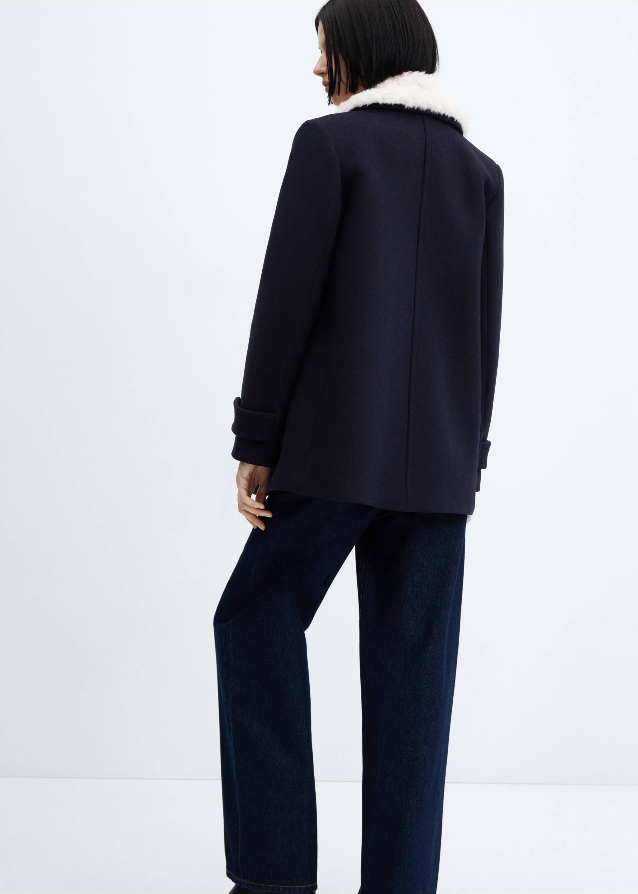 Double-breasted coat with fur-effect collar - Reverse of the article, Dark Navy. Ref: 57008270-00.