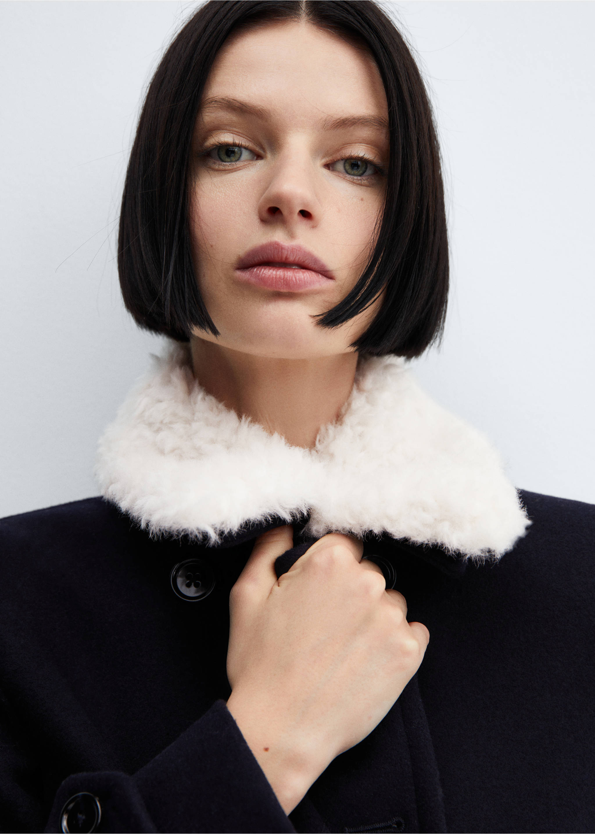 Double-breasted coat with fur-effect collar - Details of the article 1, Dark Navy. Ref: 57008270-00.