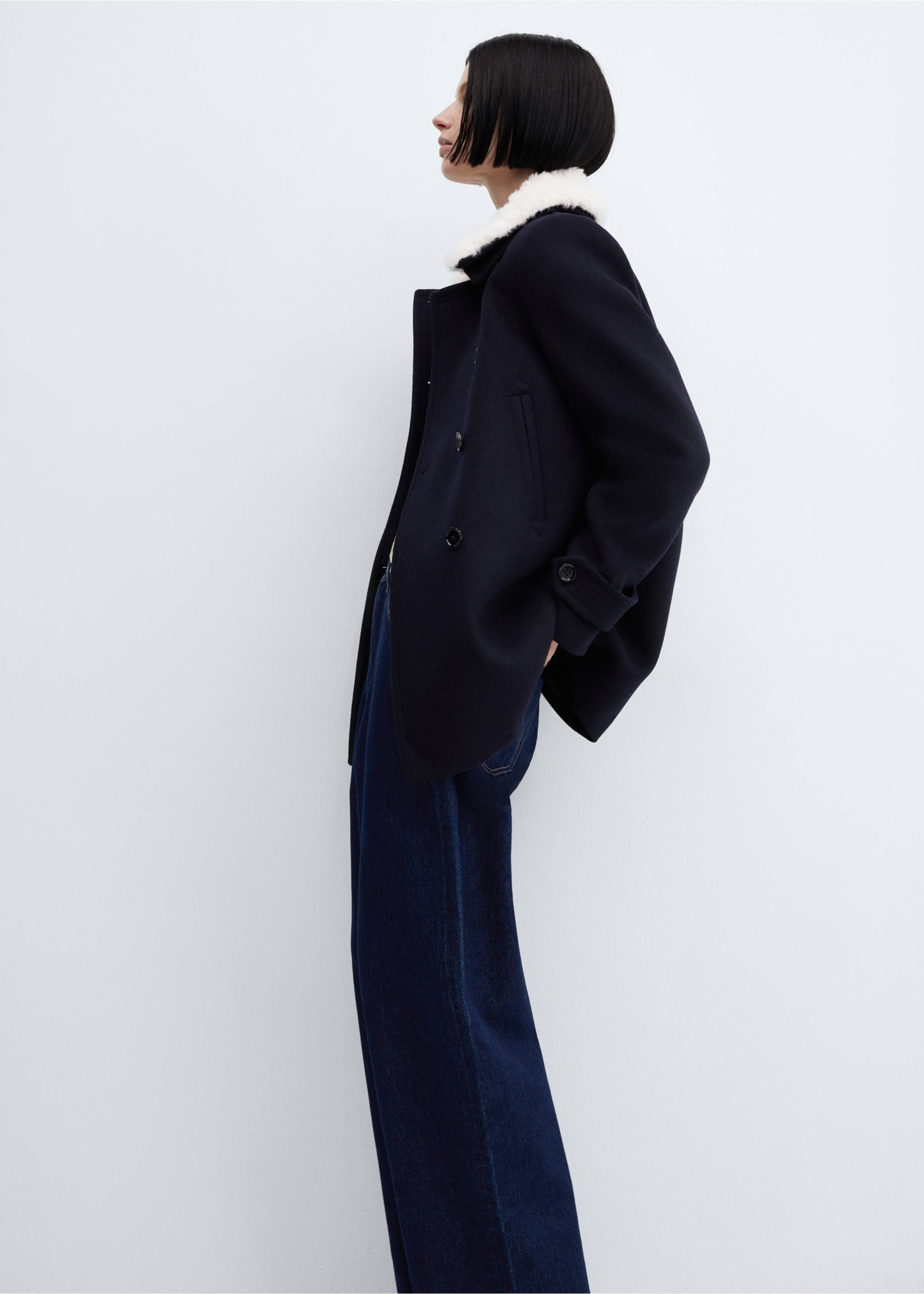 Double-breasted coat with fur-effect collar - Details of the article 2, Dark Navy. Ref: 57008270-00.