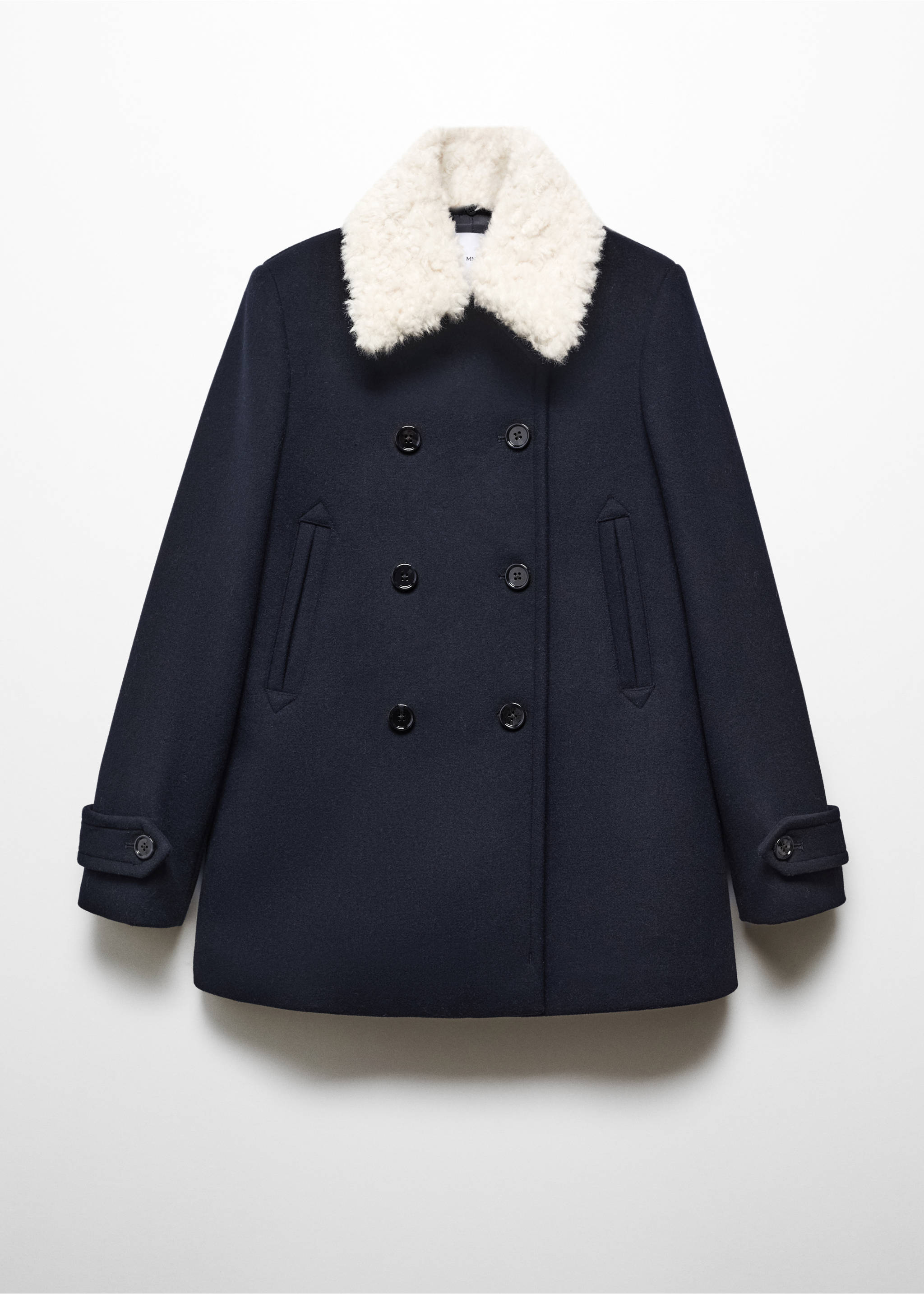Double-breasted coat with fur-effect collar - Article without model, Dark Navy. Ref: 57008270-00.