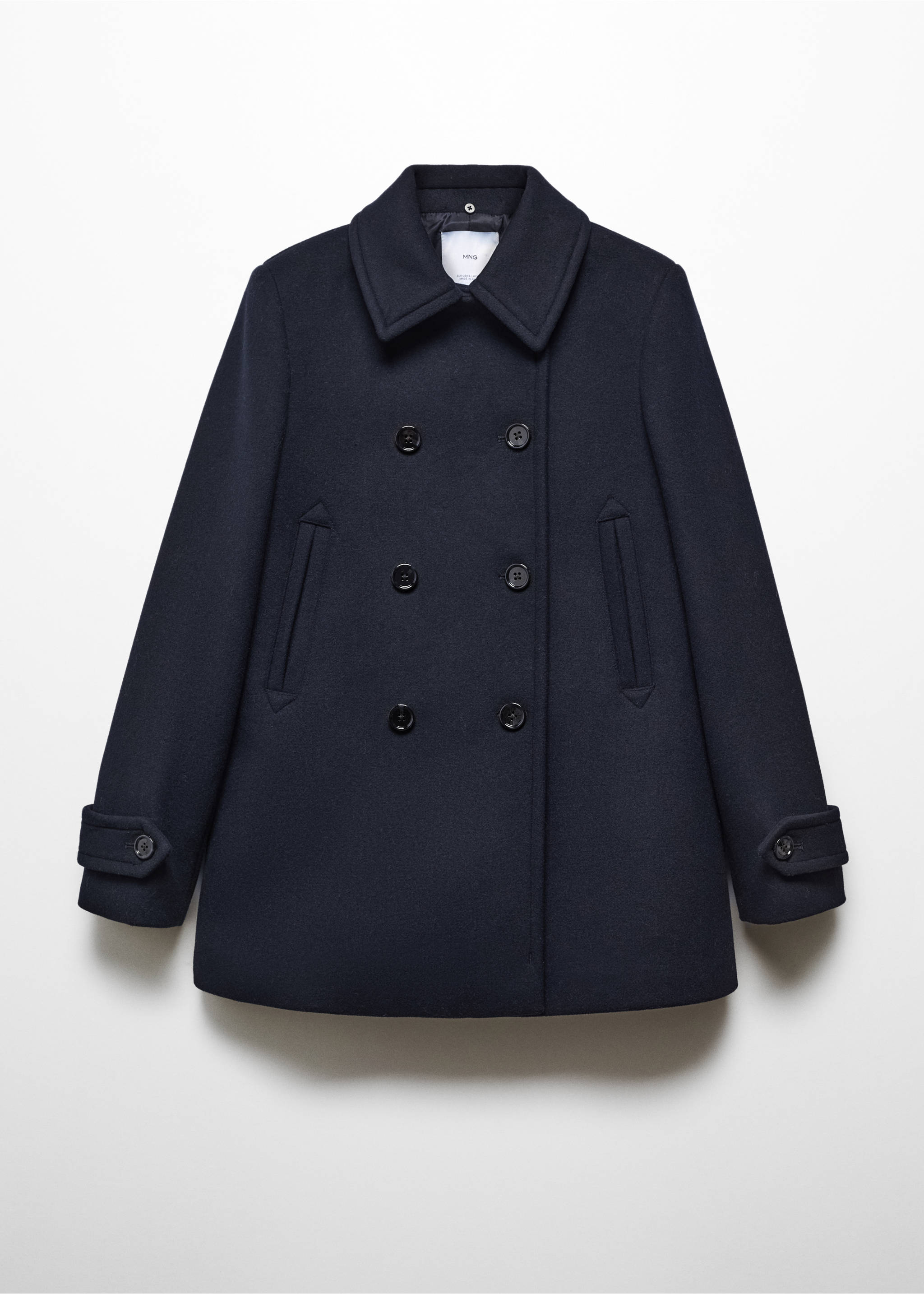 Double-breasted coat with fur-effect collar - Details of the article 8, Dark Navy. Ref: 57008270-00.