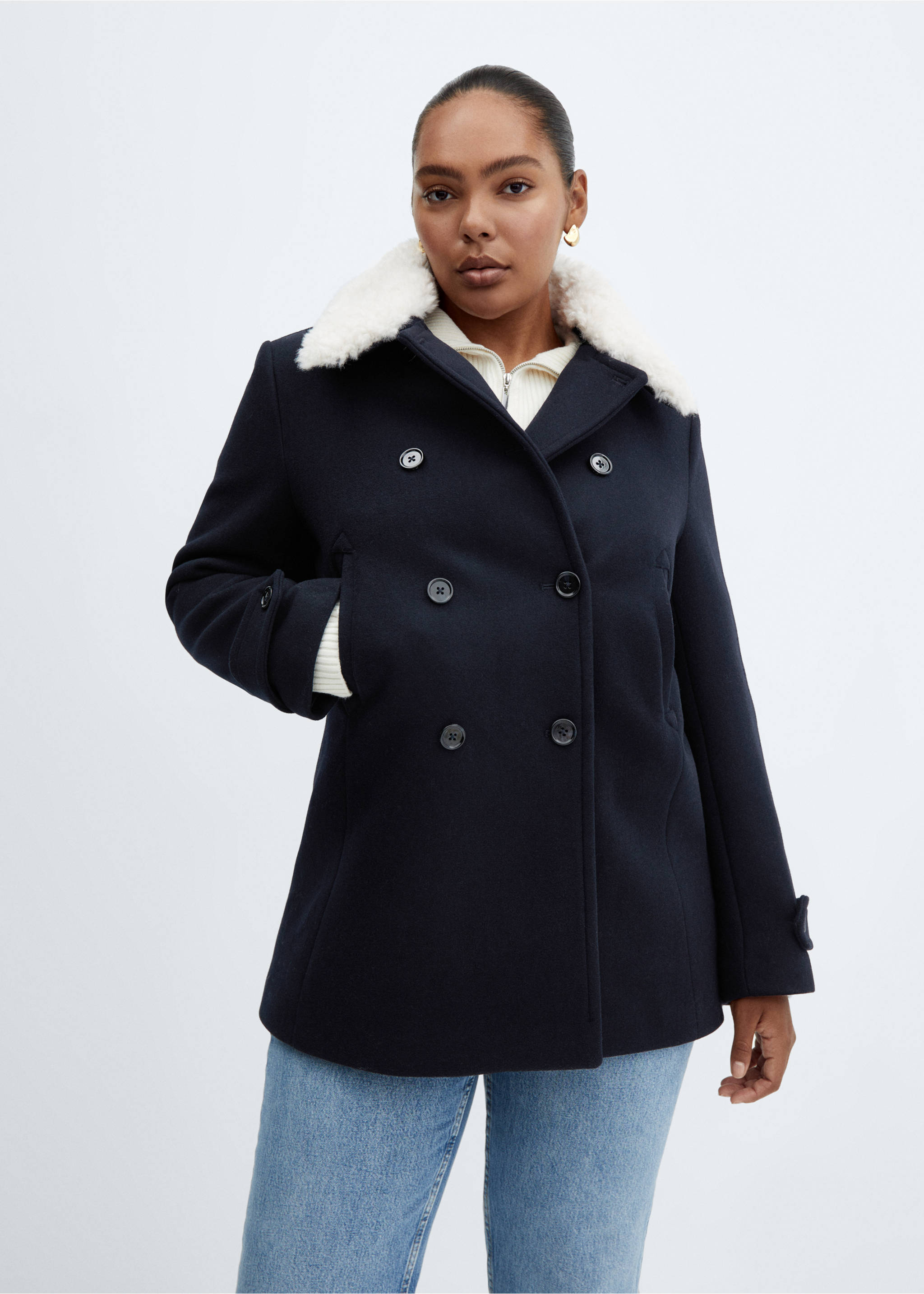 Double-breasted coat with fur-effect collar - Details of the article 5, Dark Navy. Ref: 57008270-00.