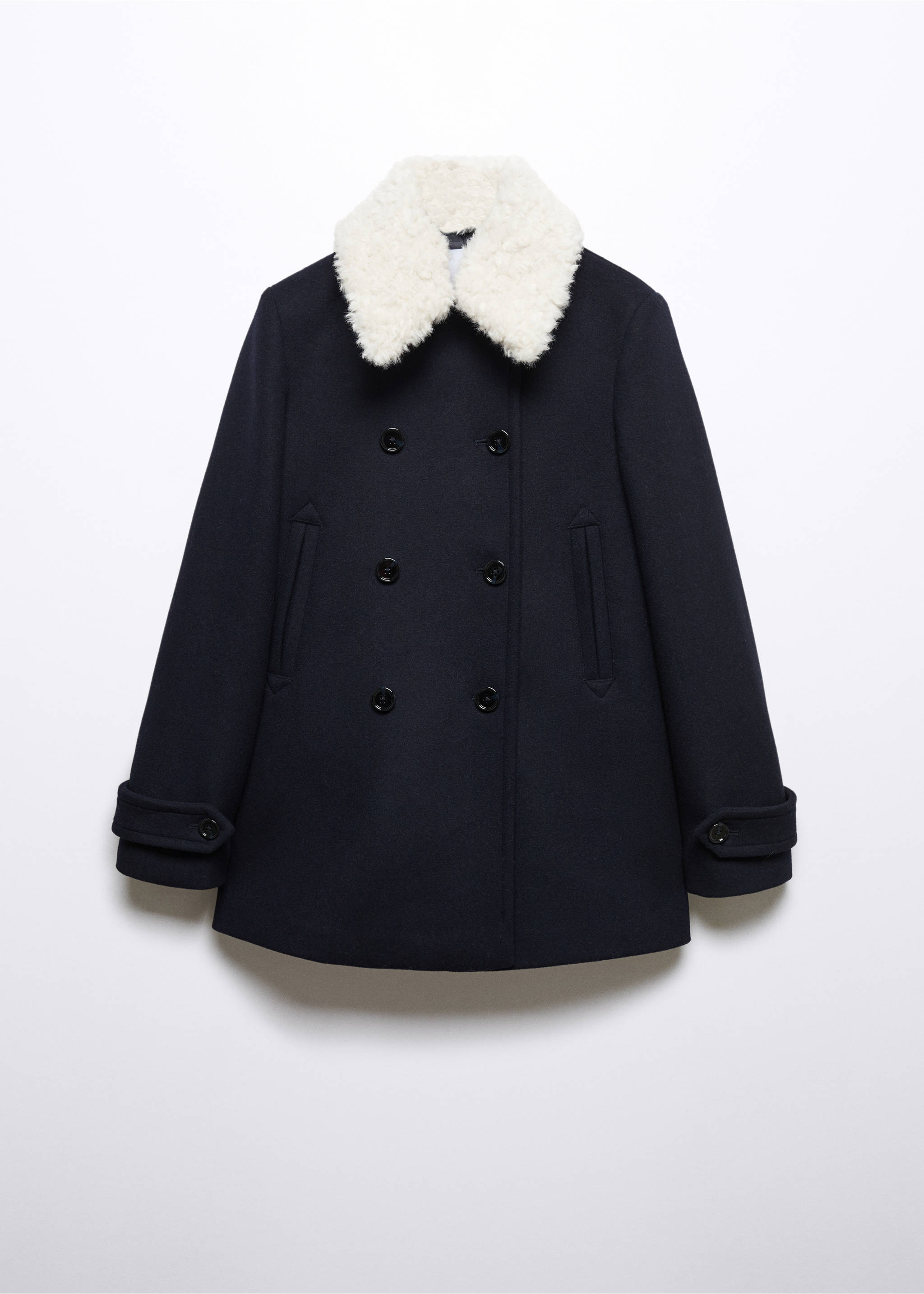 Double-breasted coat with fur-effect collar - Article without model, Dark Navy. Ref: 57008270-00.
