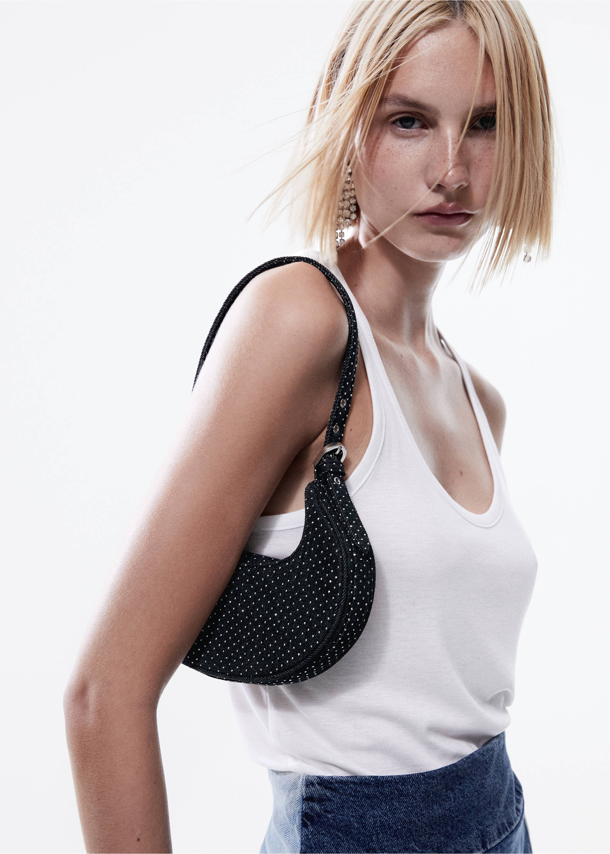 Rigid sparkly denim bag - Details of the article 9, Dark Blue. Ref: 57008277-00.