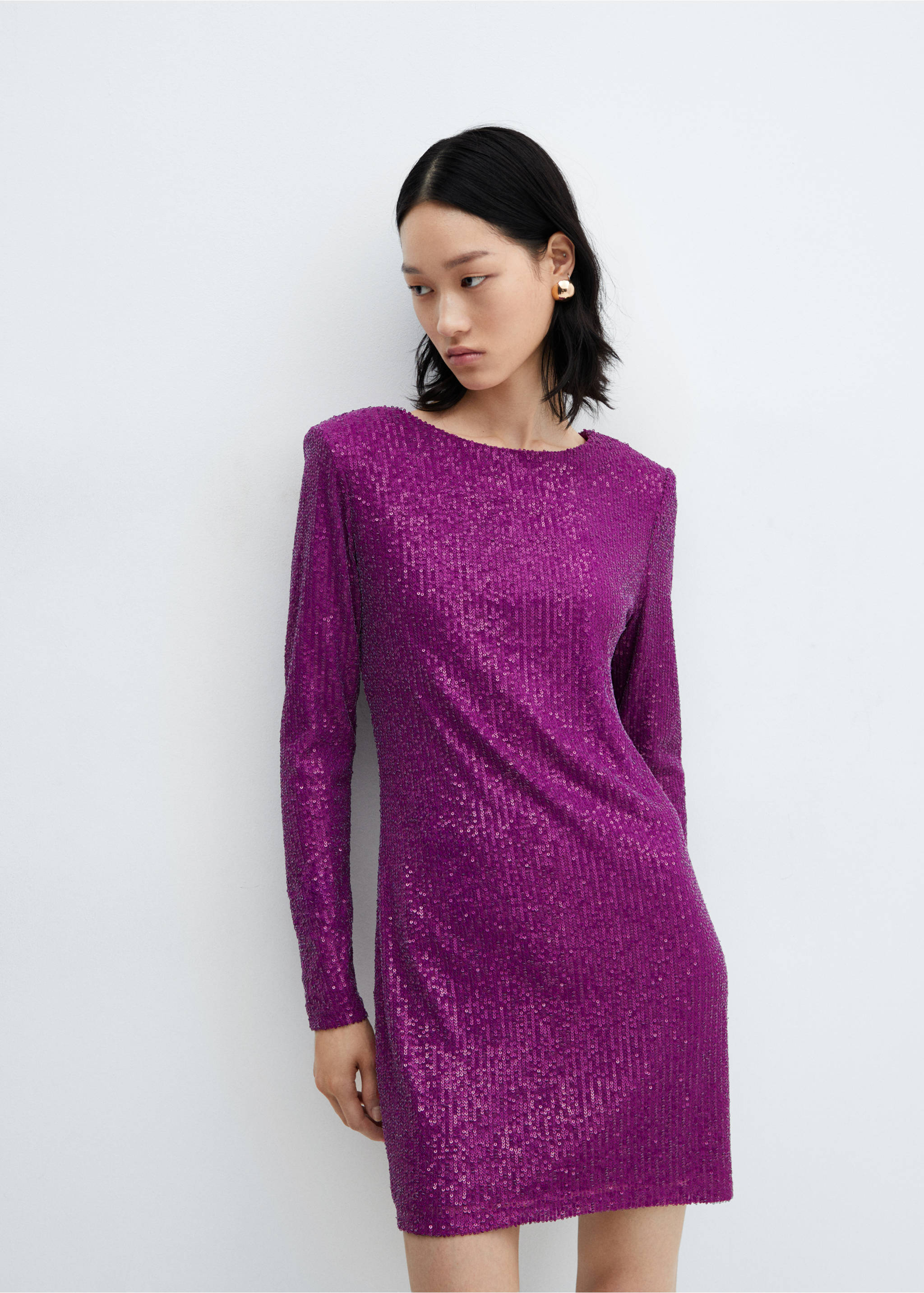 Sequin shoulder pads dress - Details of the article 2, Purple. Ref: 57009113-00.