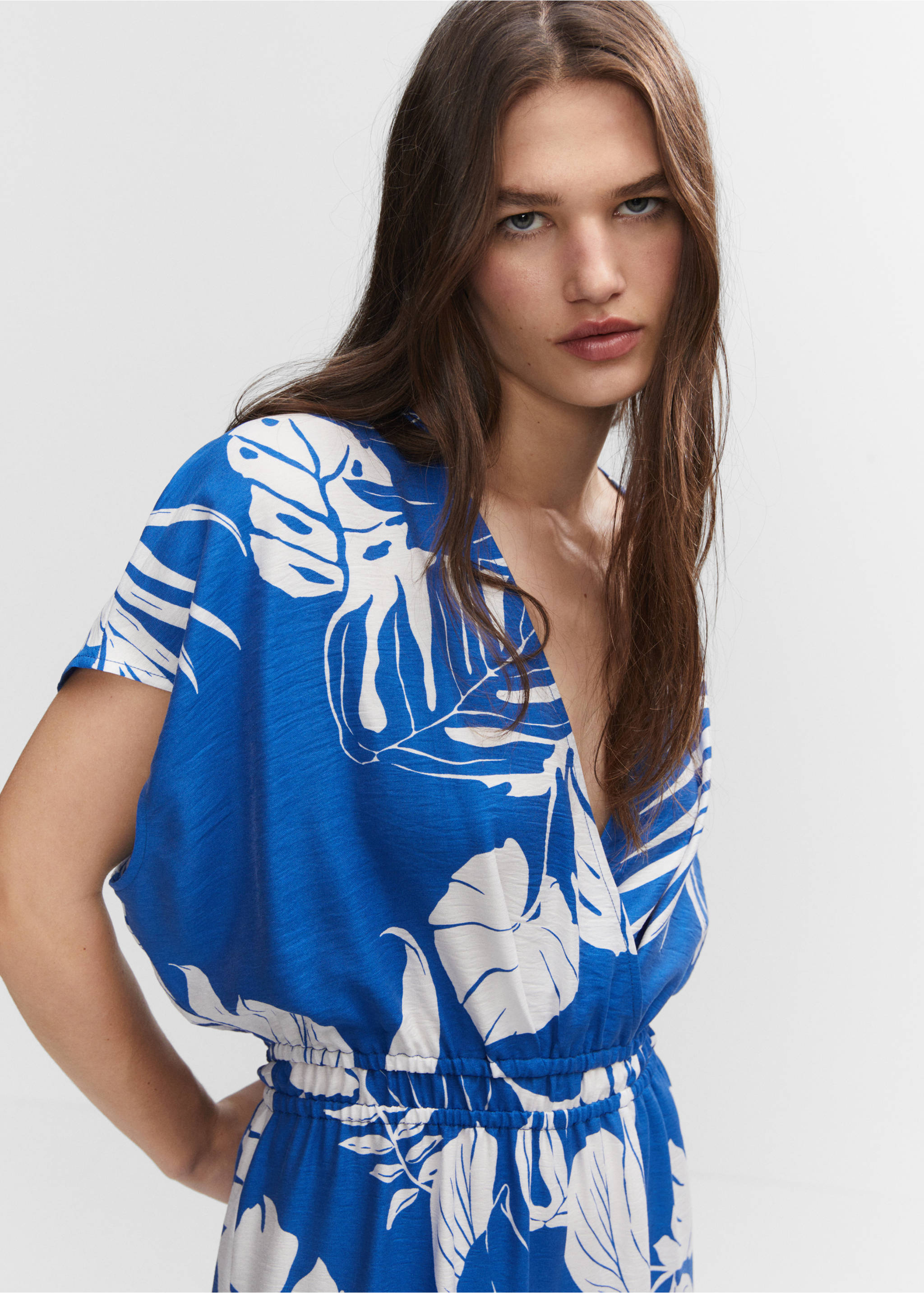 Tropical print jumpsuit - Details of the article 1, Blue. Ref: 57010207-00.