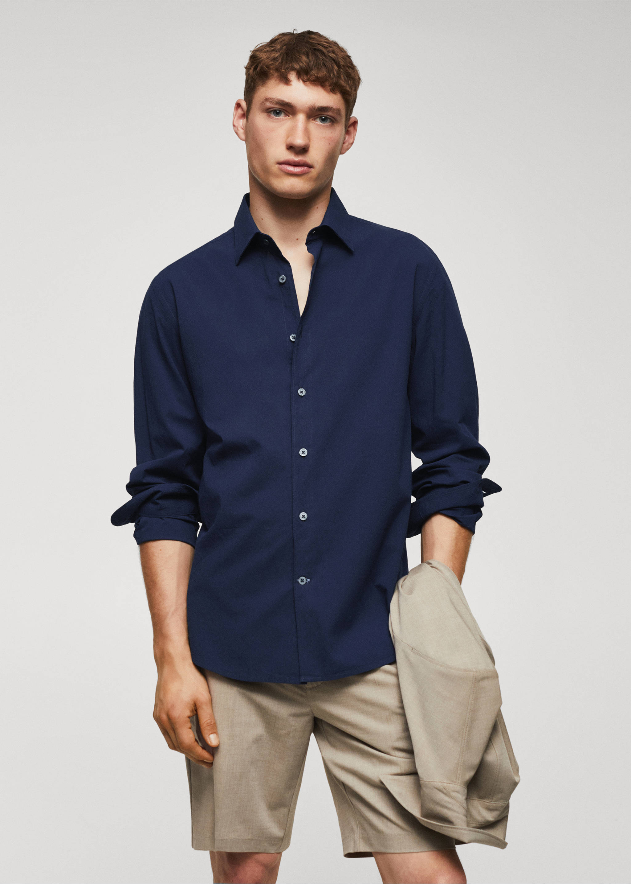 Chemise slim-fit coton seersucker - Plan moyen, Bleu indigo. Ref: 57010584-00.