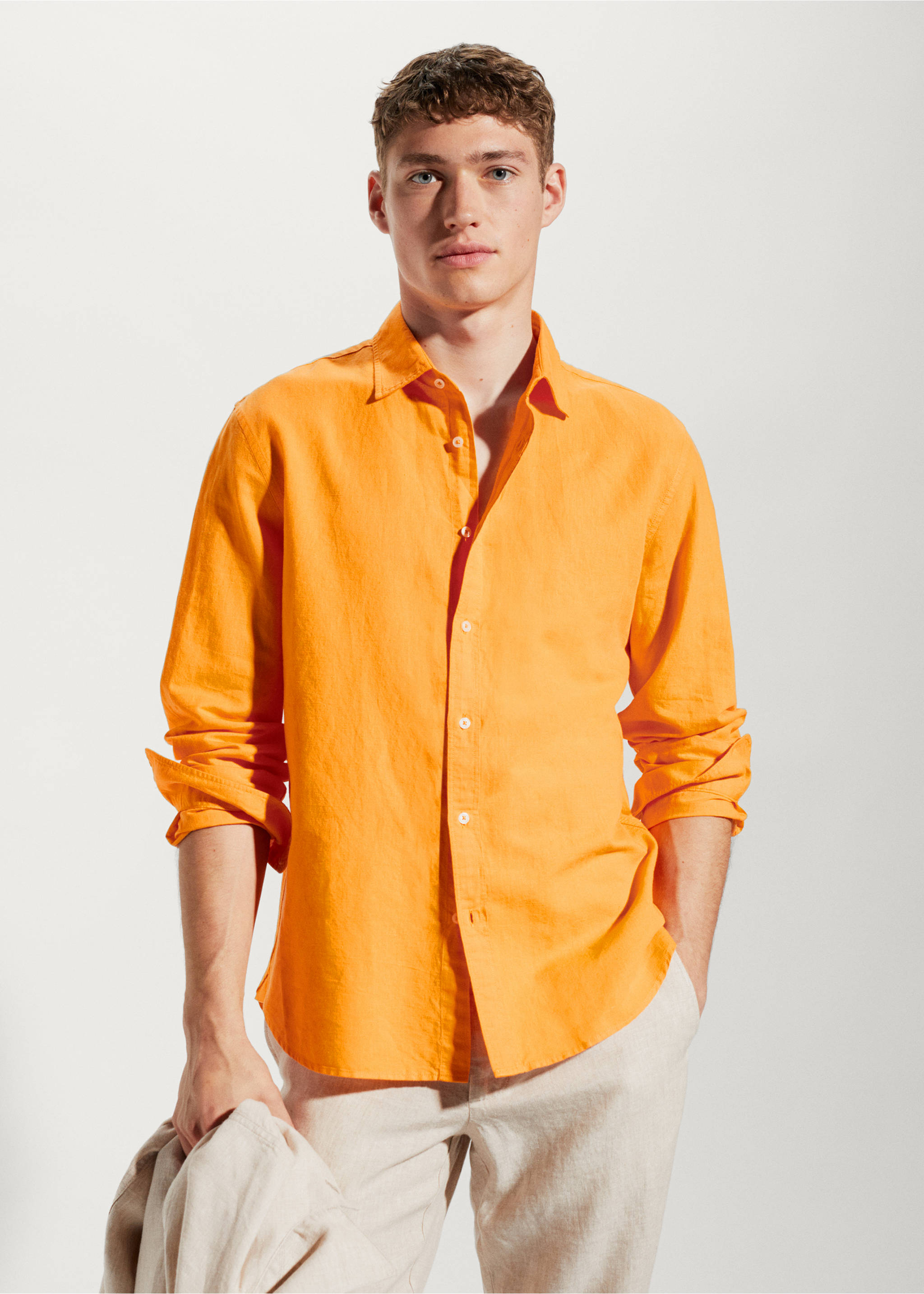 Regular-fit linen cotton shirt - Medium plane, Orange. Ref: 57010609-00.