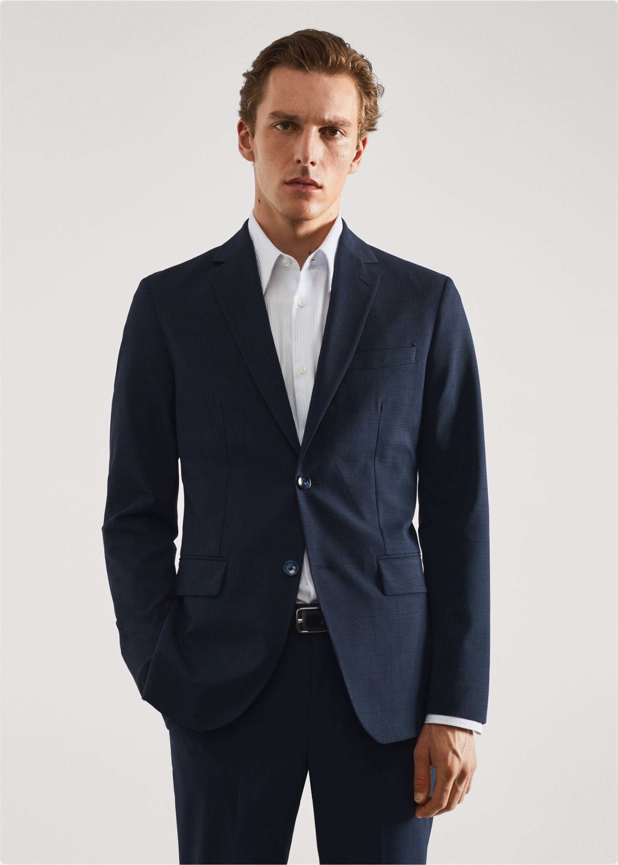 Veste costume imprimée slim-fit tissu stretch - Plan moyen, Bleu marine foncé. Ref: 57010676-00.