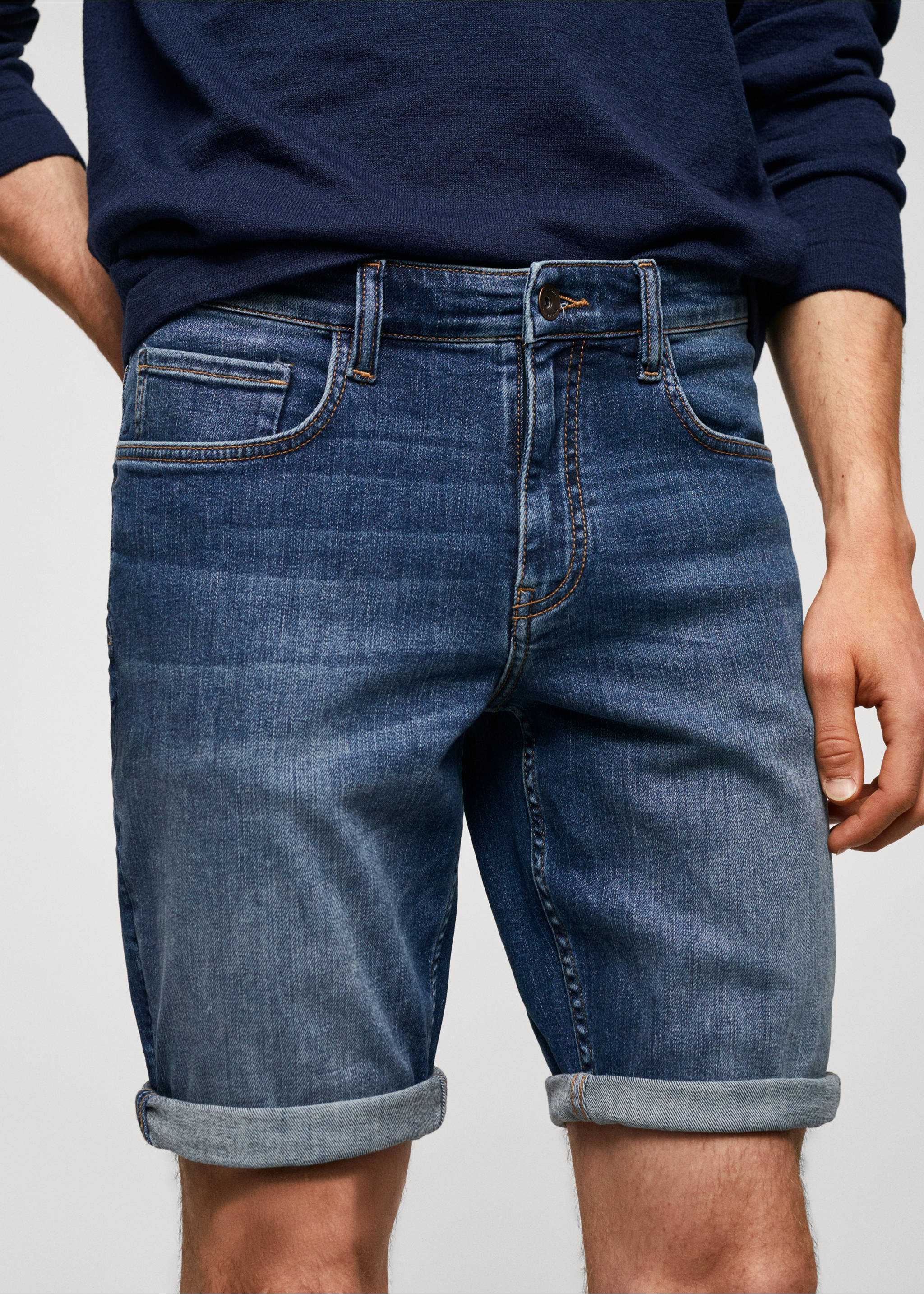 Slim-fit denim bermuda shorts - Details of the article 1, Dark Blue. Ref: 57010684-00.