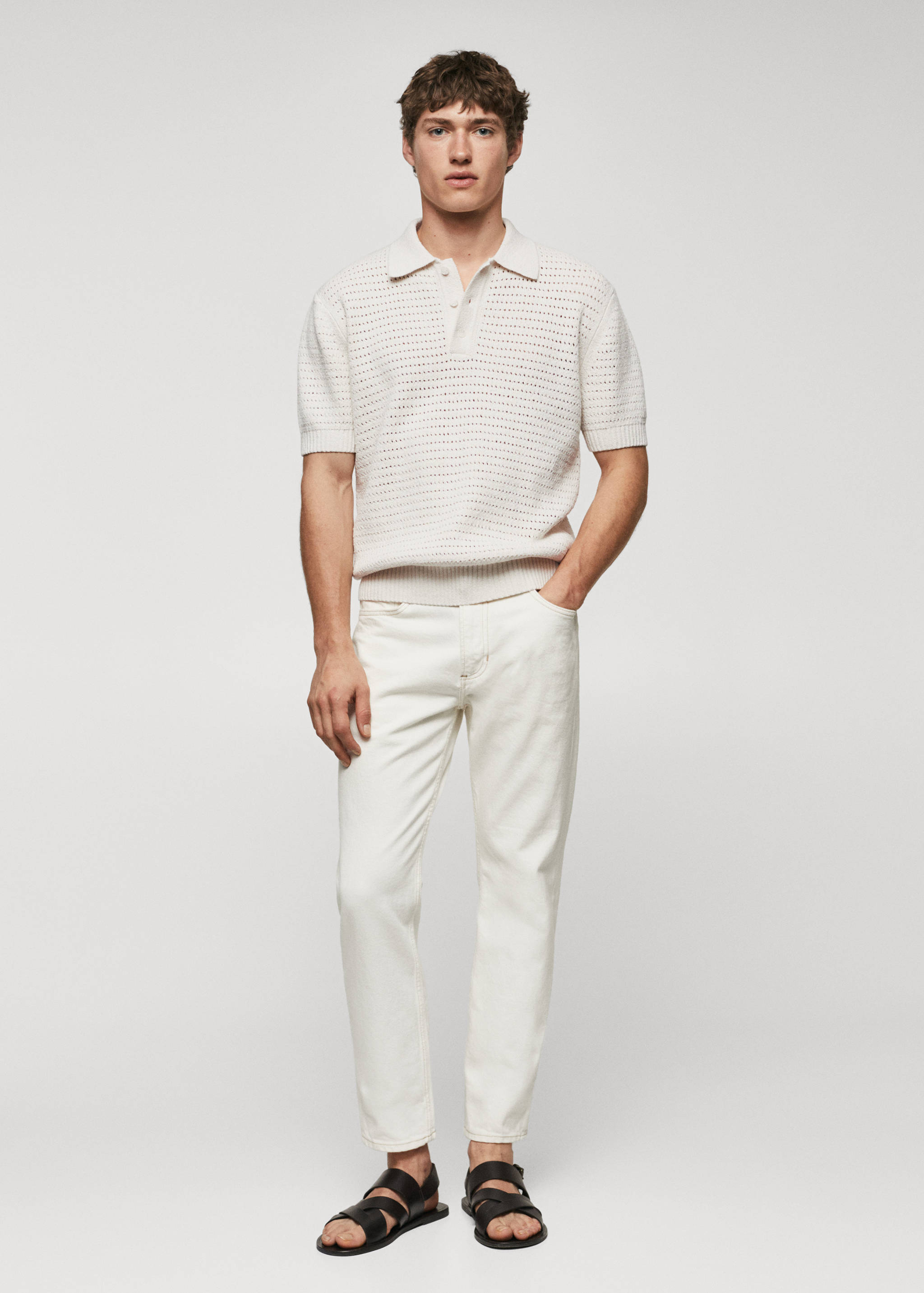 Cotton knitted polo shirt with lace accents - General plane