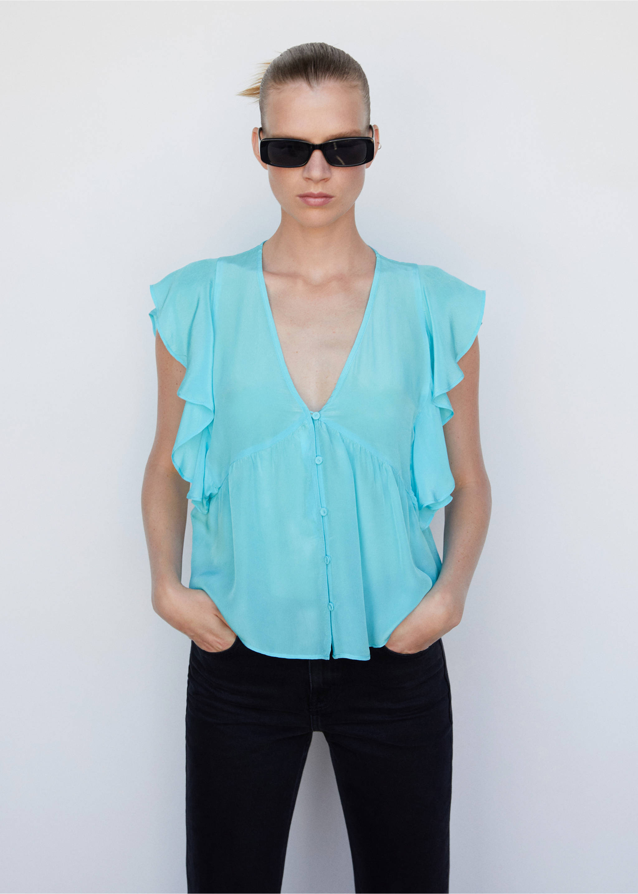 Ruffled blouse - Medium plane, Blue. Ref: 57012895-00.