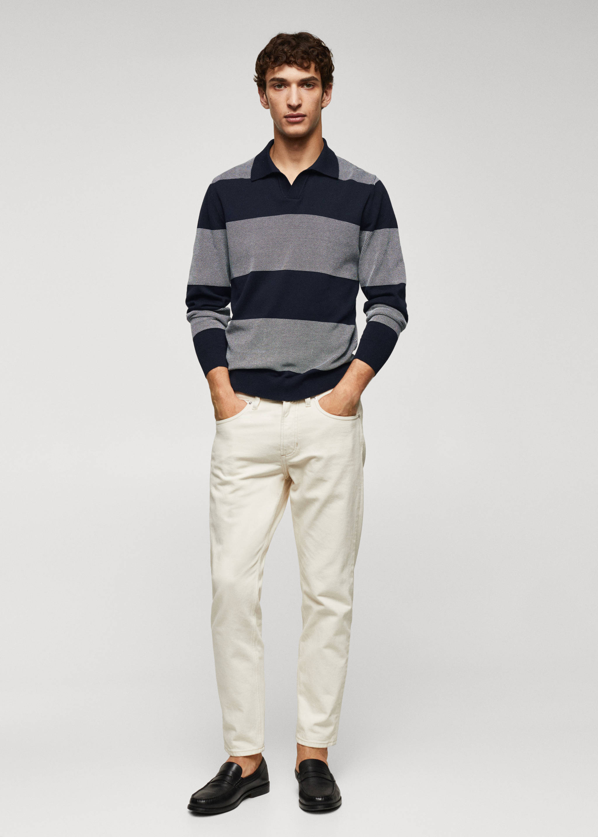 Gestreiftes Feinstrick-Poloshirt - Allgemeine Ansicht