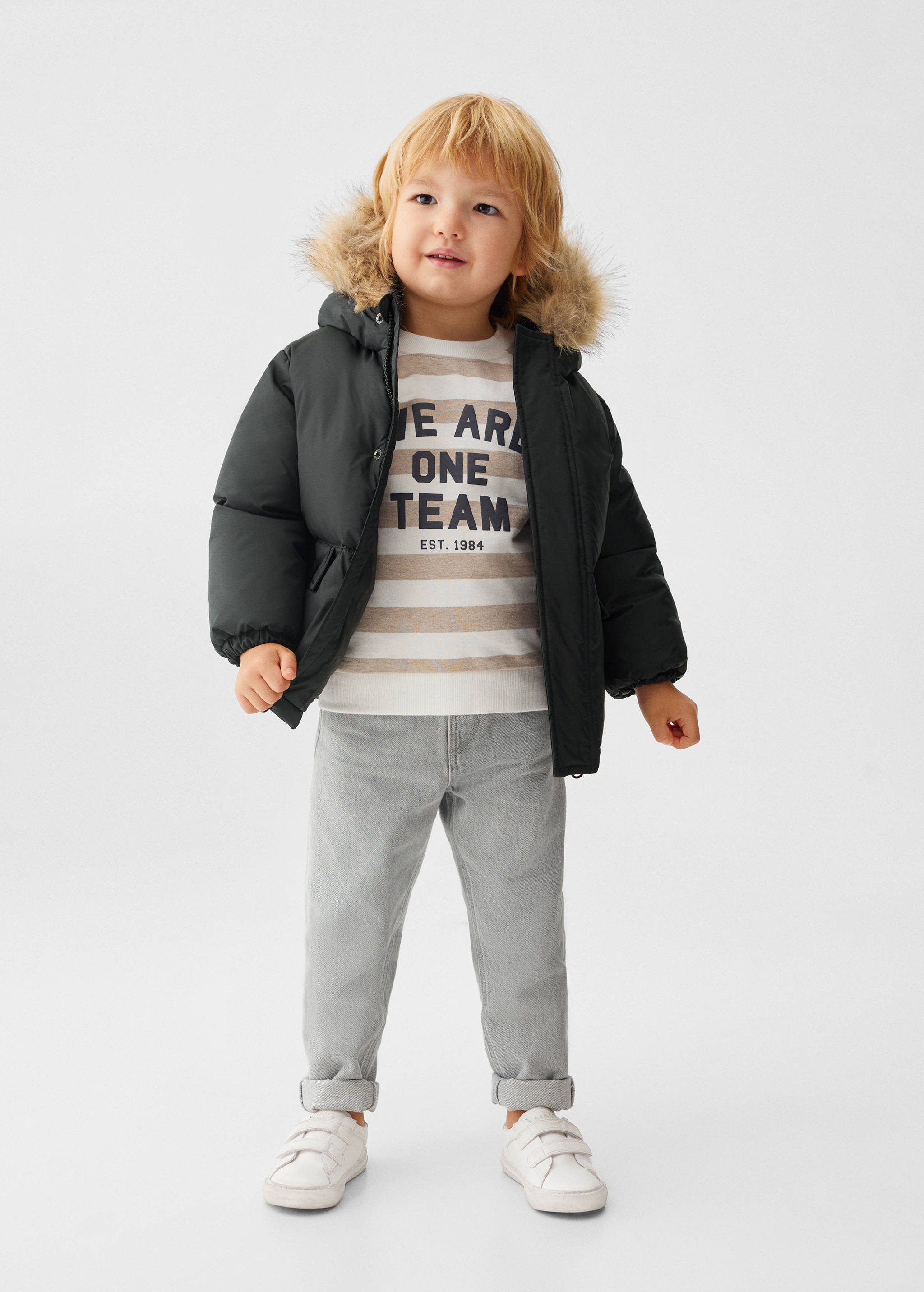 Puffer coat with fur-effect hood - General plane