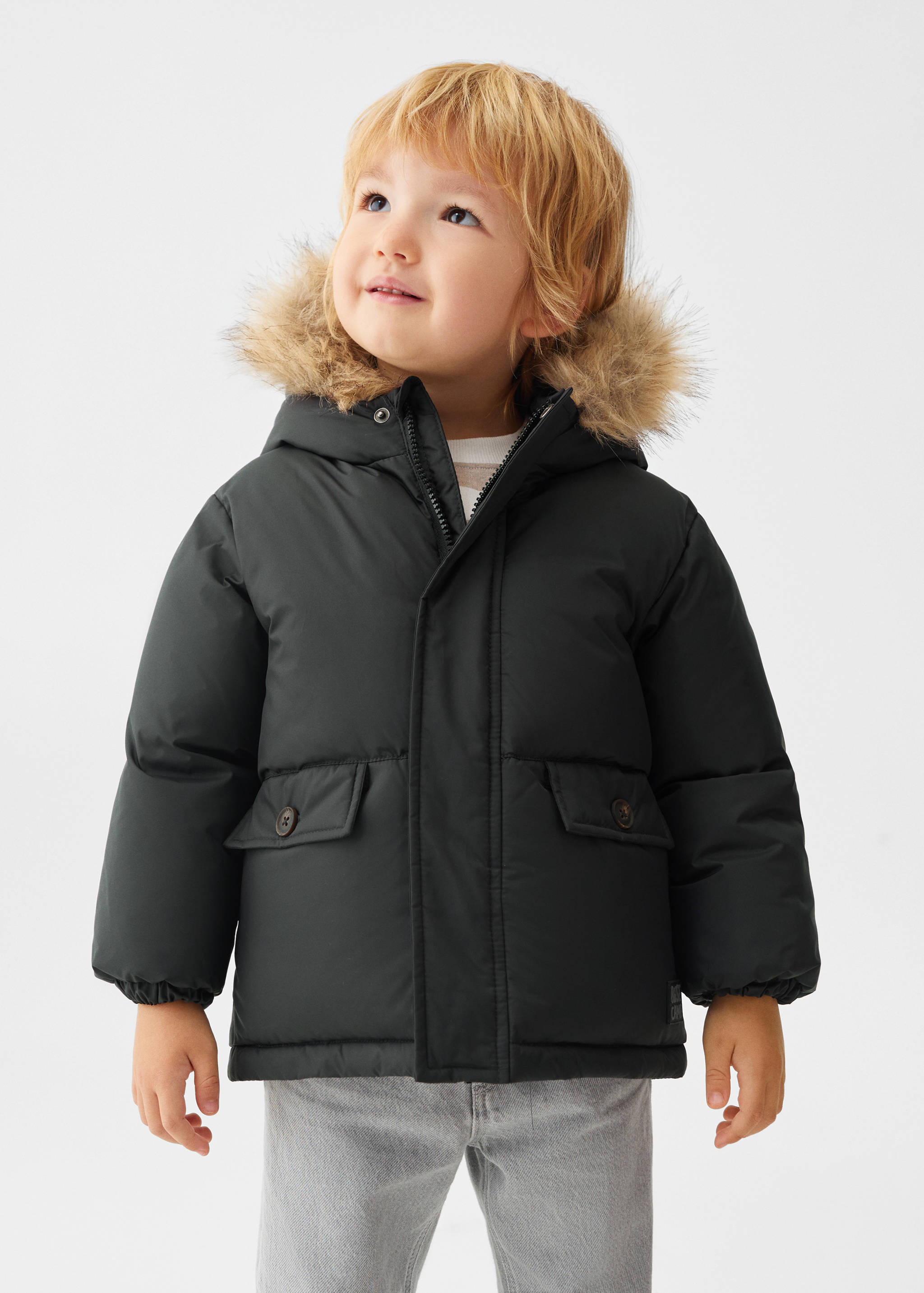 Puffer coat with fur-effect hood - Medium plane