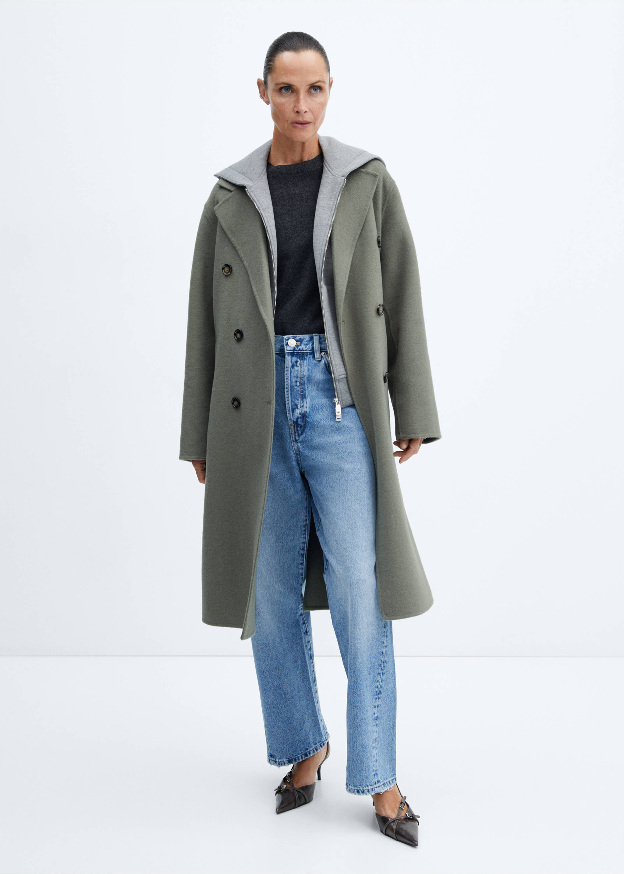 Vlněný kabát oversize ruční výroby - Celkový náhled, Khaki. Ref: 57015139-00.