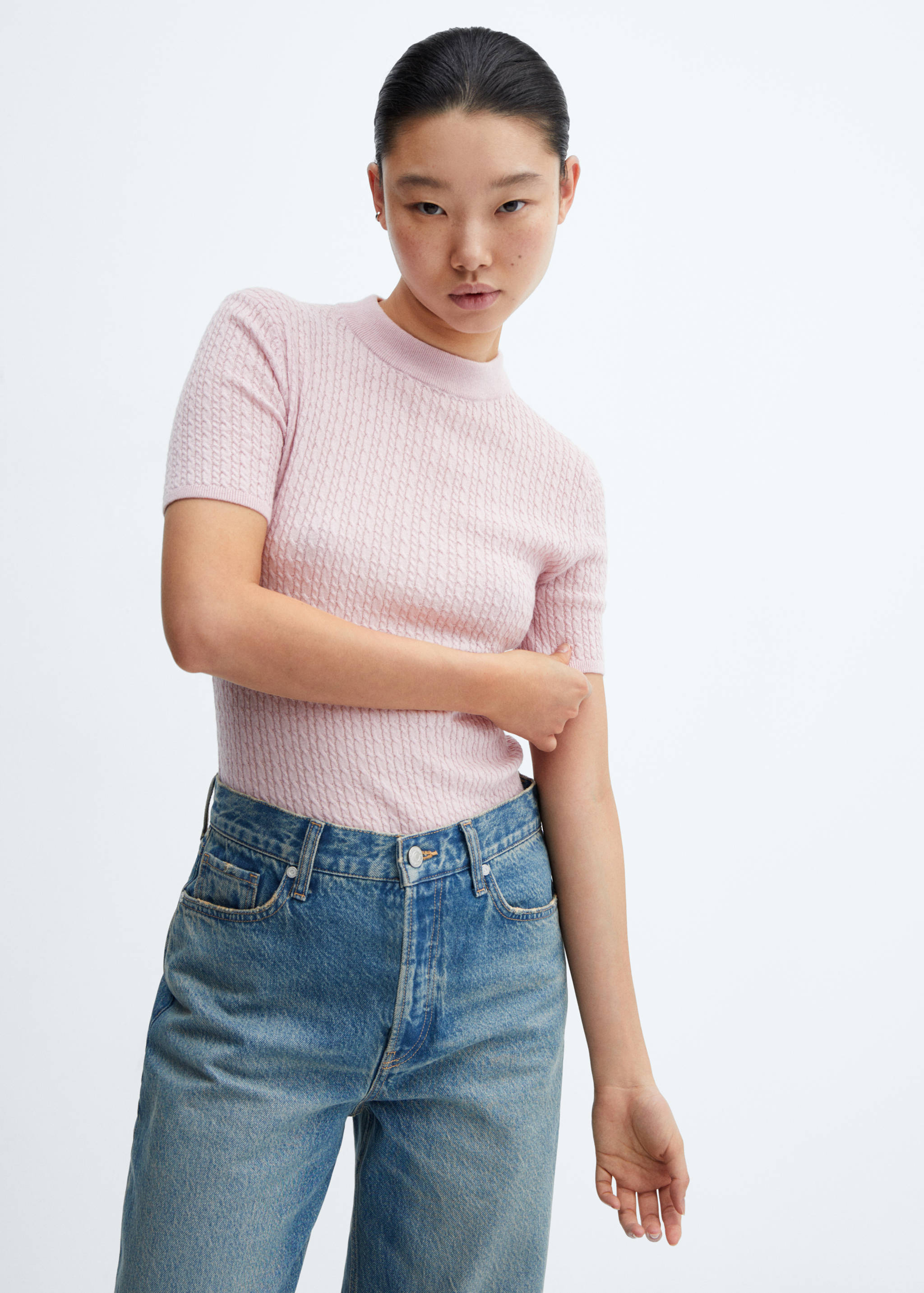 Short-sleeved braided wool sweater - Medium plane