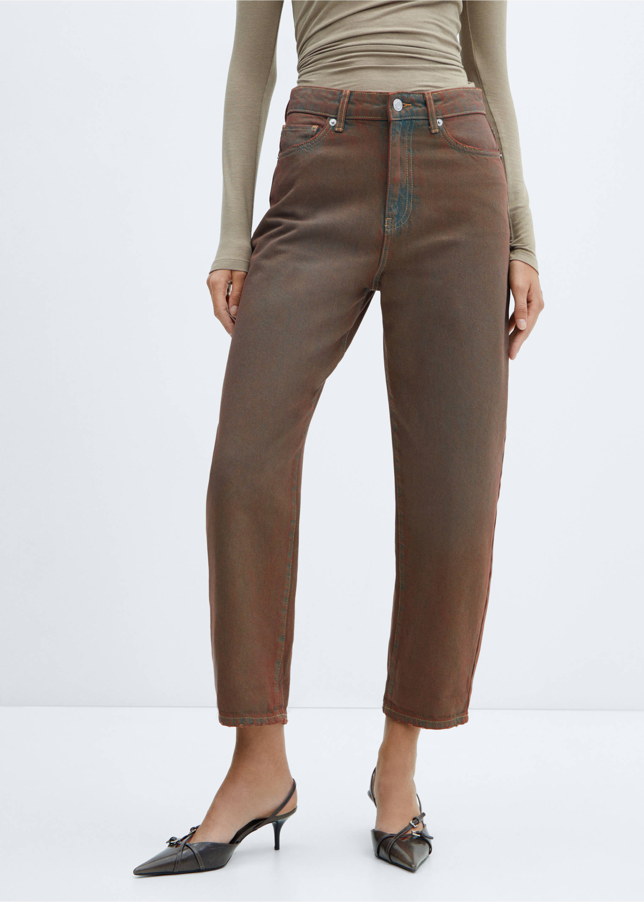 Jean slouchy taille haute - Plan moyen, Marron. Ref: 57015971-00.