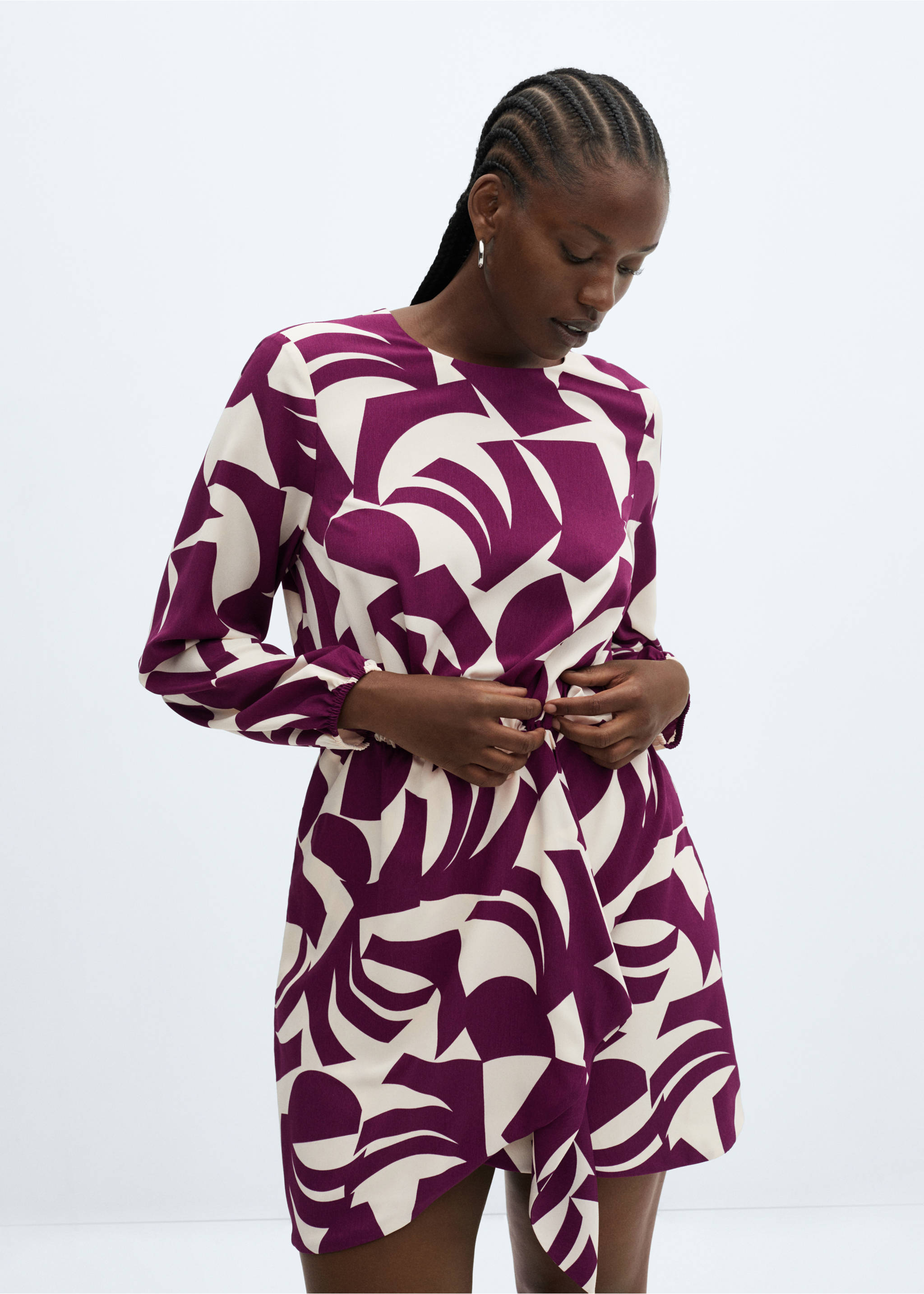 Printed bow dress - Details of the article 5, Burgundy. Ref: 57015982-00.