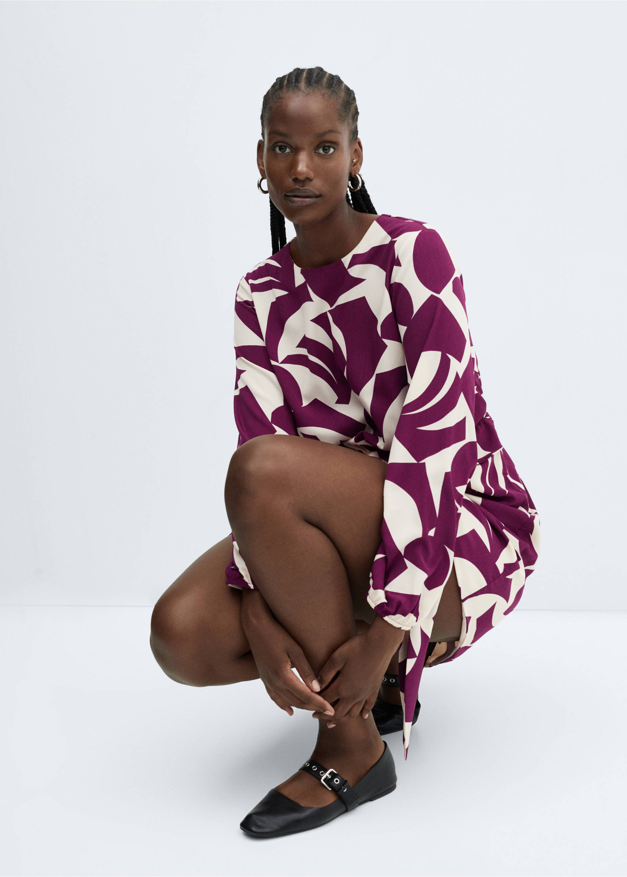 Printed bow dress - Details of the article 4, Burgundy. Ref: 57015982-00.