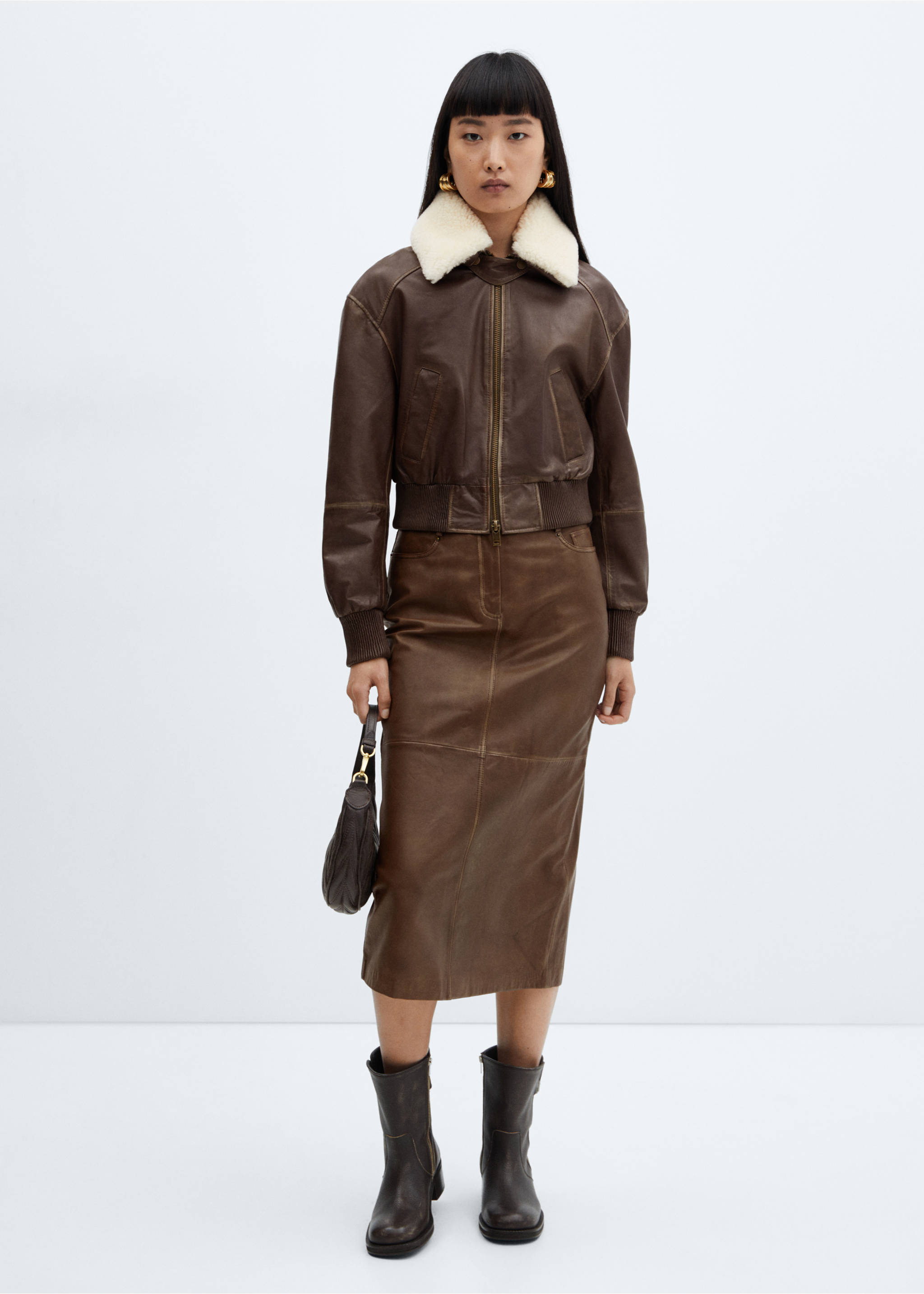 Leather midi skirt - General plane, Brown. Ref: 57015987-00.